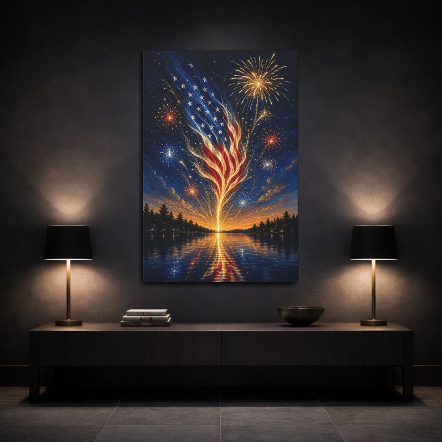 Abstract American Flag Patriotic Fireworks Canvas Print – Vibrant Living Room, Above Sofa - YesArtYes