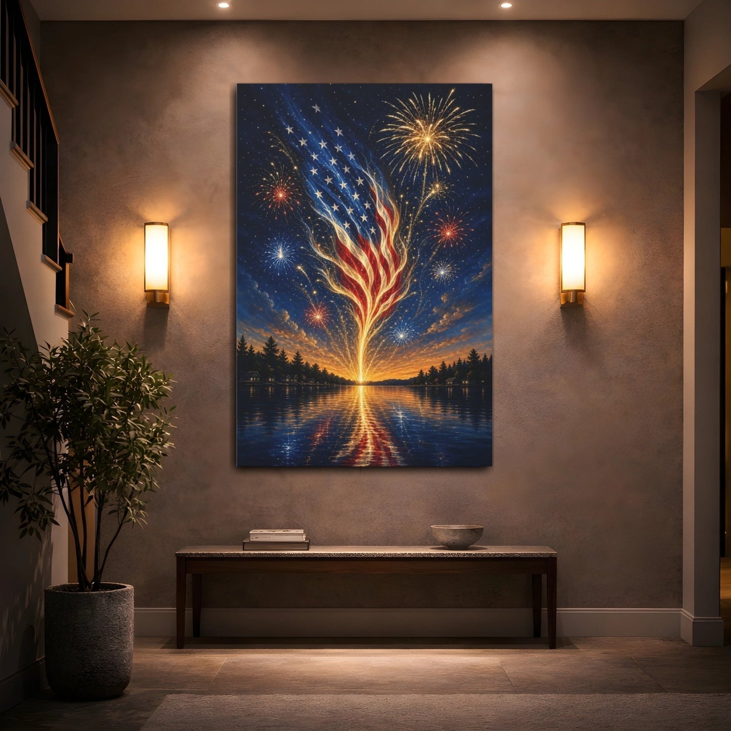 Abstract American Flag Patriotic Fireworks Canvas Print – Vibrant Living Room, Above Sofa - YesArtYes