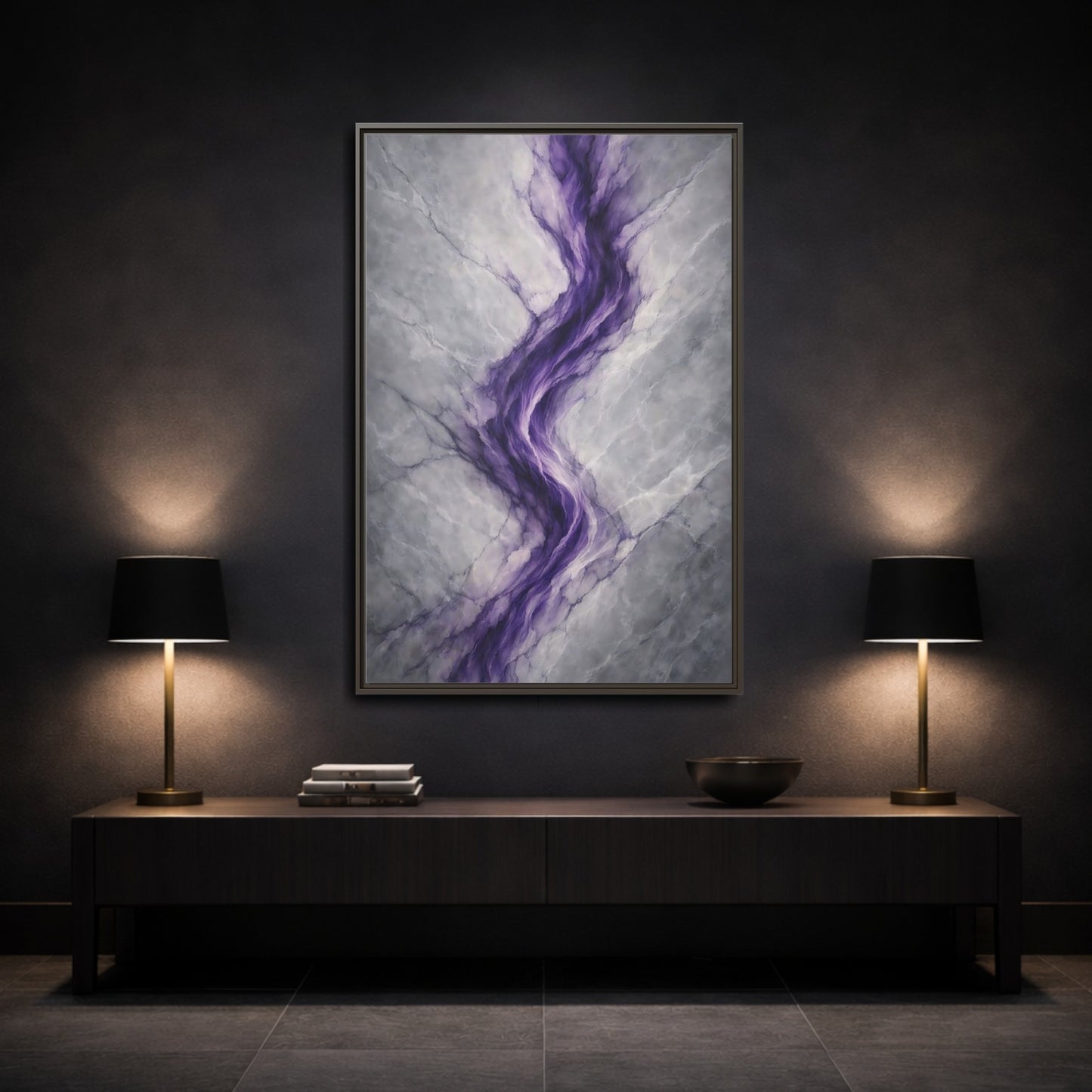 Mockup 2. Abstract Amethyst Vein Purple And Grey Abstract shown as stretched canvas wall art