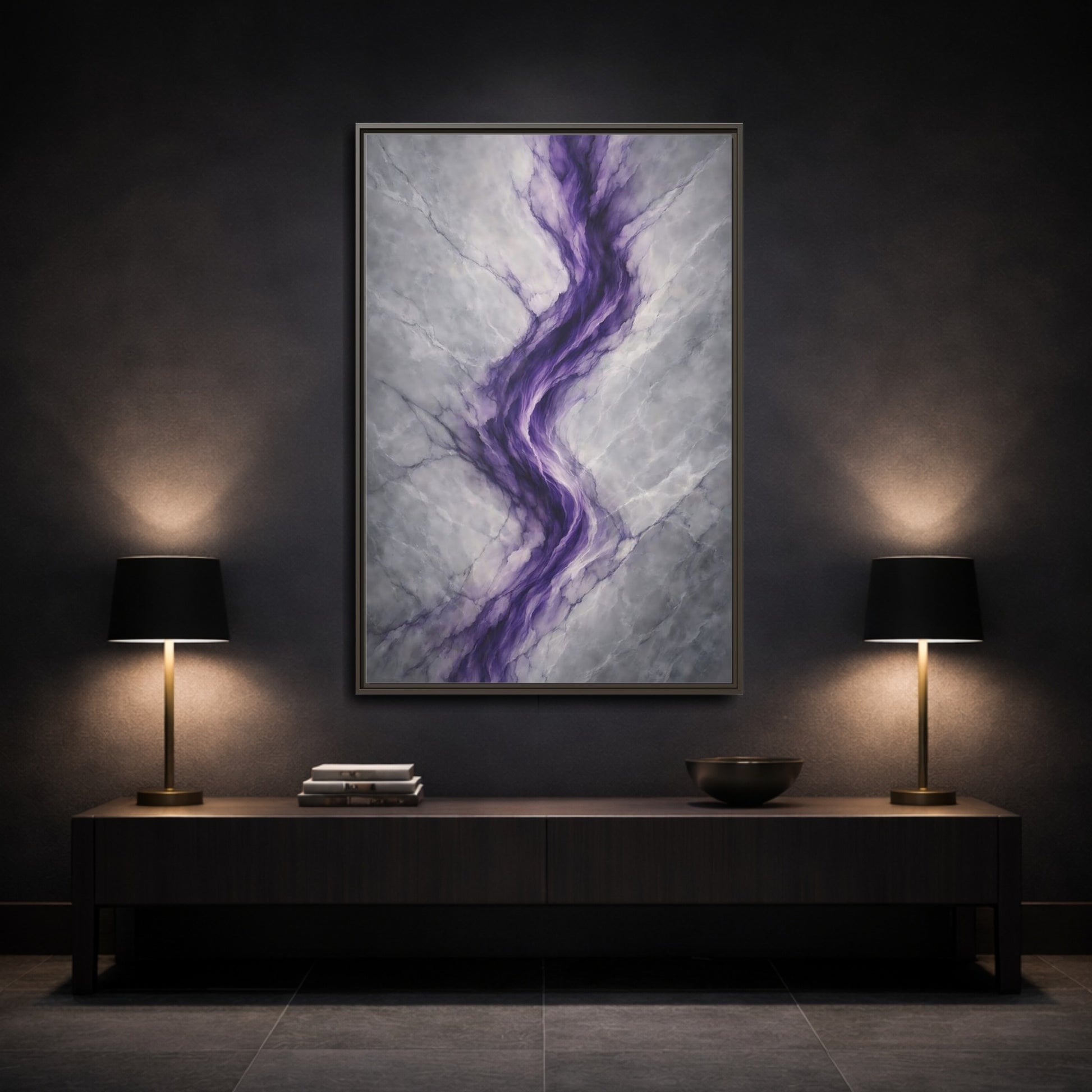 Mockup 2. Abstract Amethyst Vein Purple And Grey Abstract shown as stretched canvas wall art