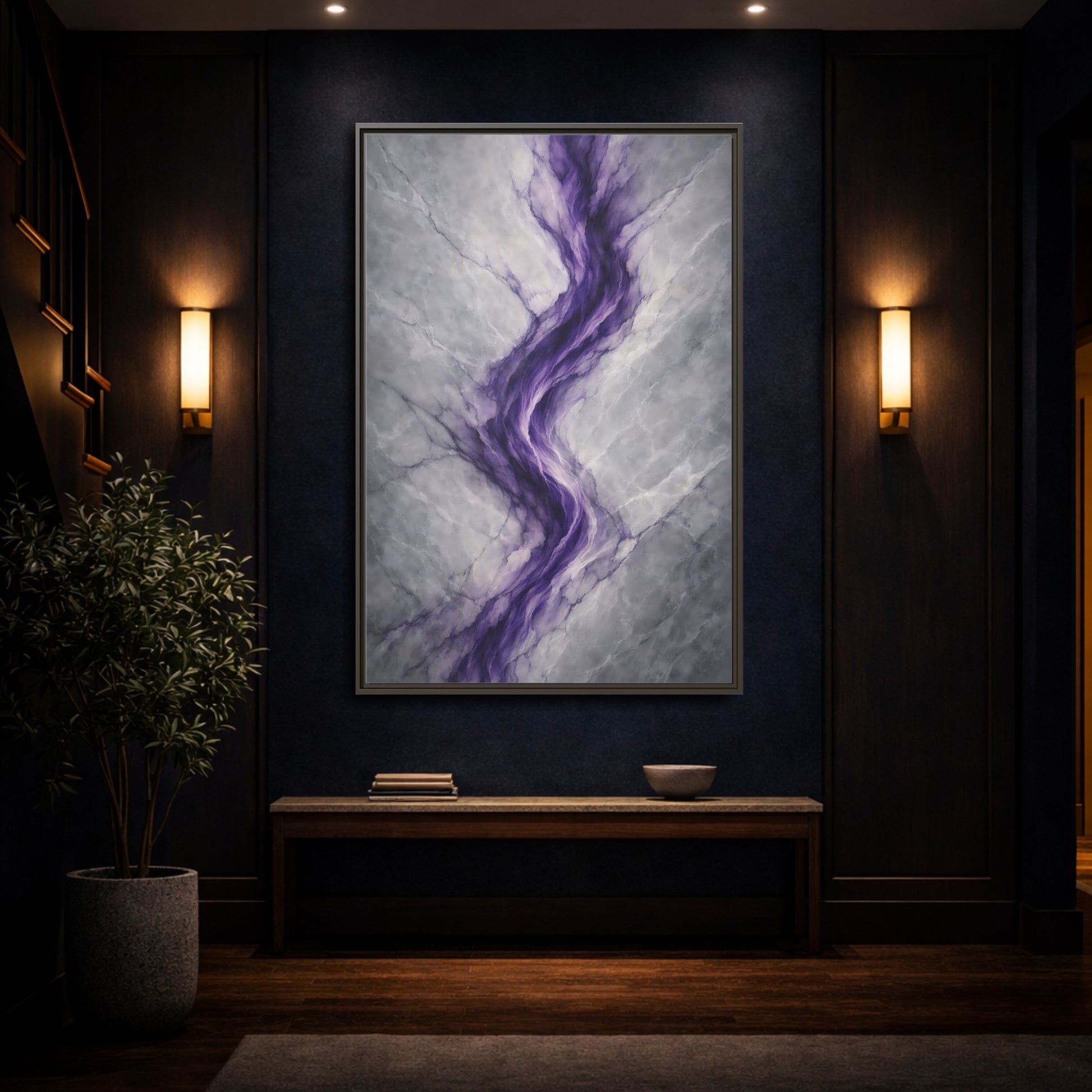 Mockup 3. Abstract Amethyst Vein Purple And Grey Abstract shown as stretched canvas wall art