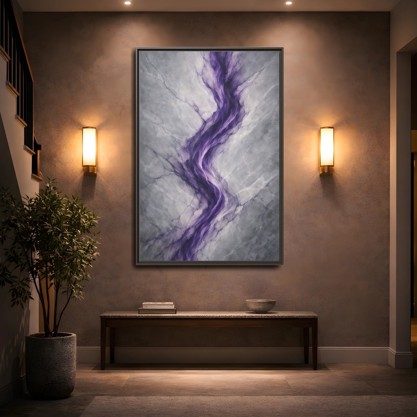 Mockup 4. Abstract Amethyst Vein Purple And Grey Abstract shown as stretched canvas wall art