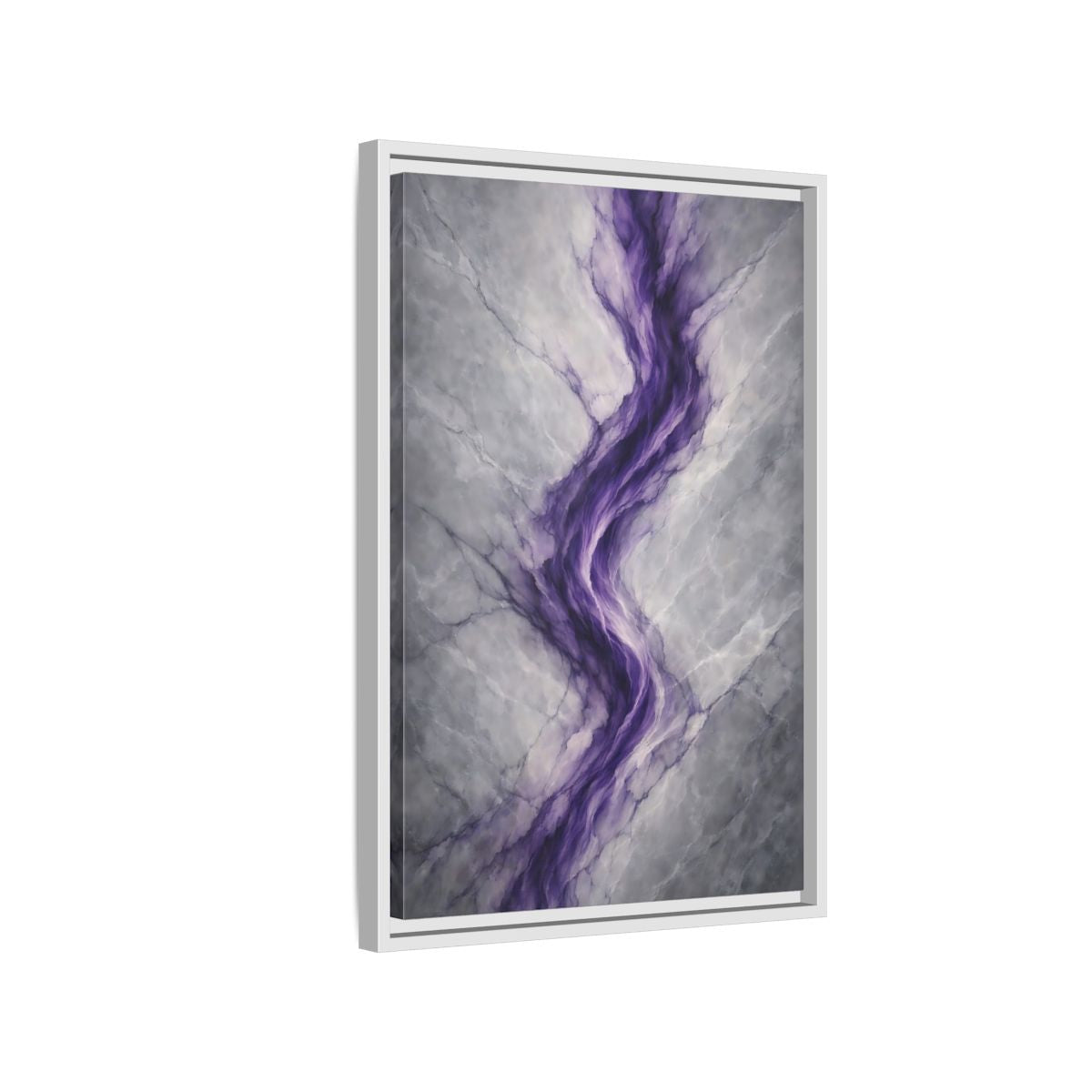 Side Mockup 1. Abstract Amethyst Vein Purple And Grey Abstract shown as stretched canvas wall art