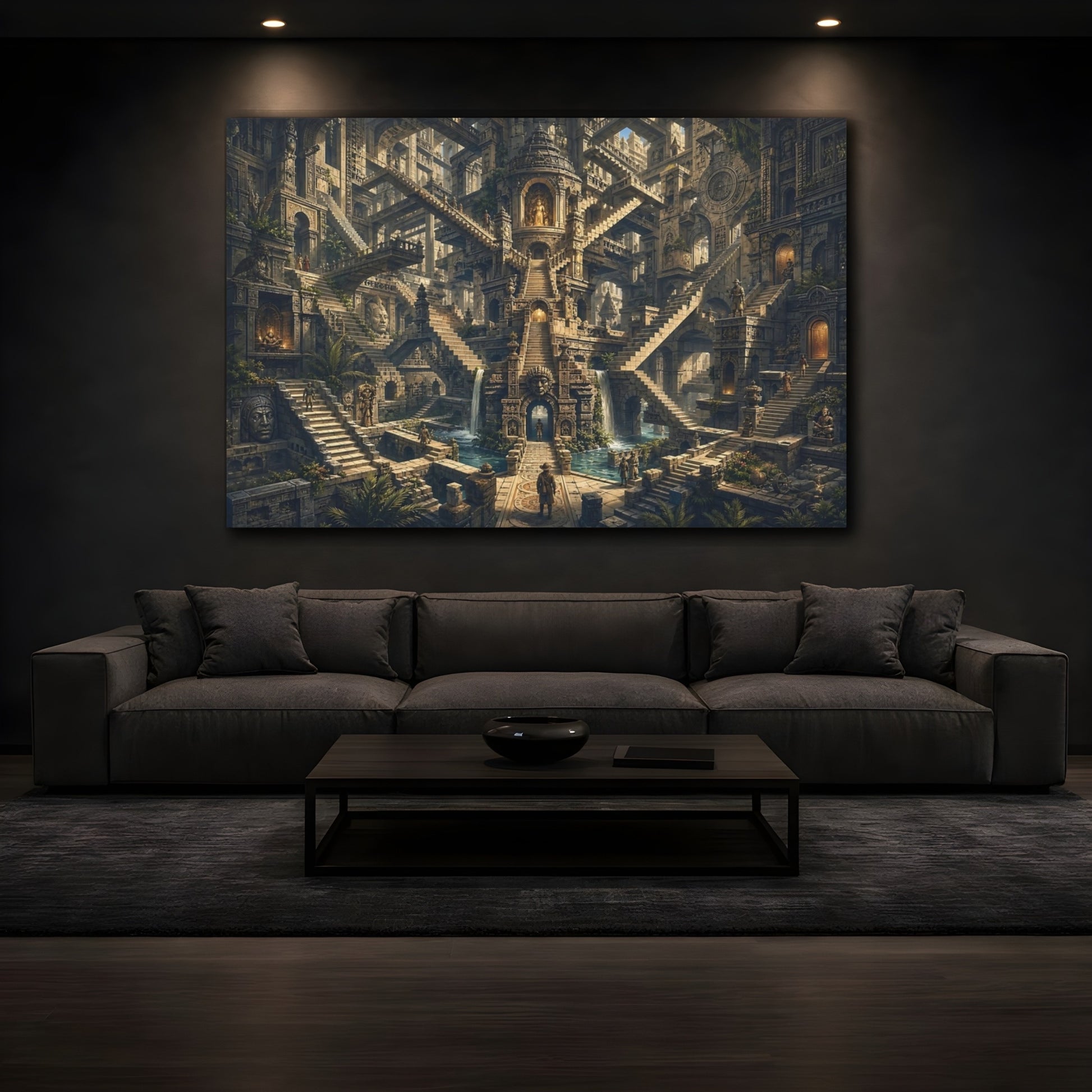 Mockup 3. Abstract Ancient Labyrinth Stone Labyrinth shown as stretched canvas wall art