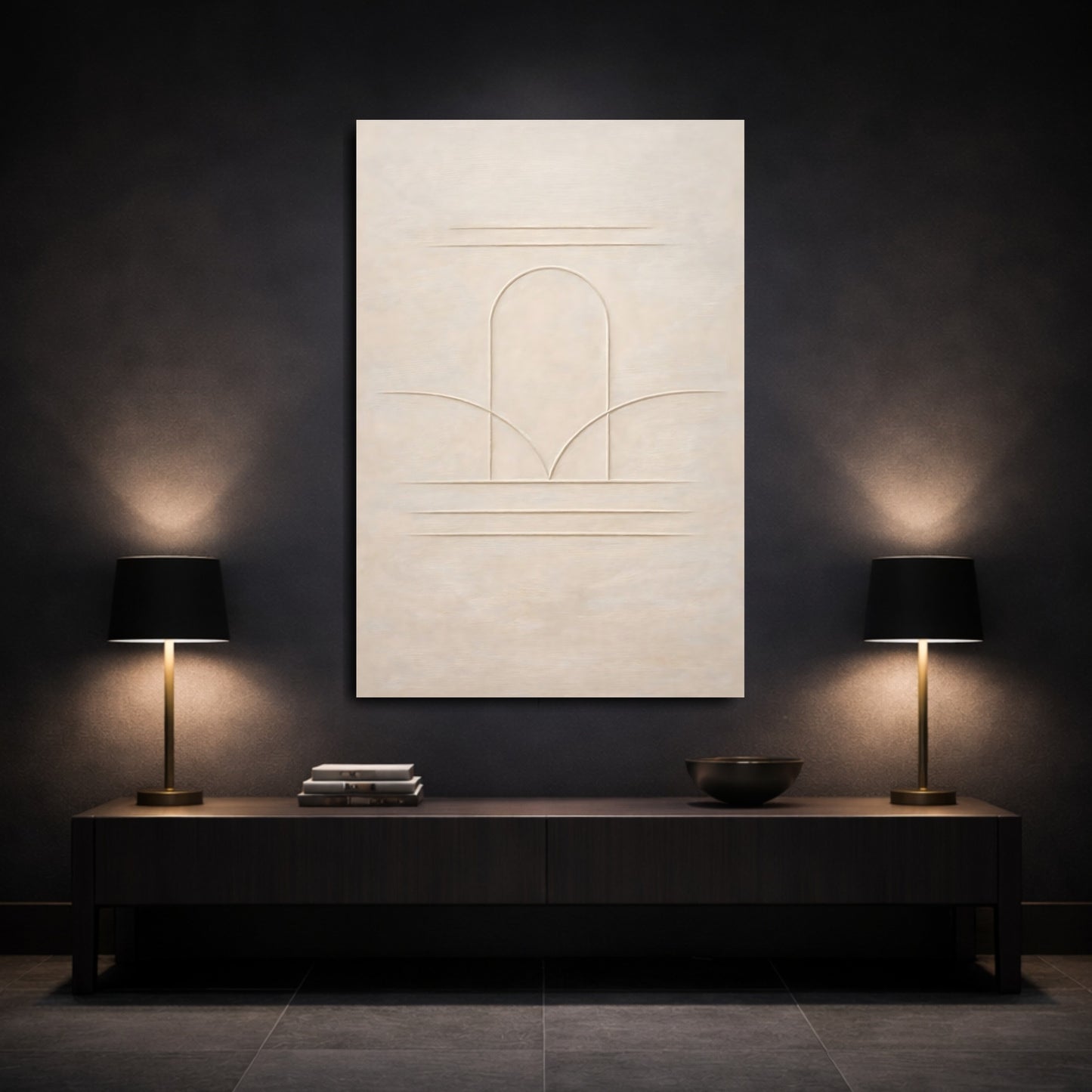 Mockup 2. Abstract Arch Lines Beige Arch shown as stretched canvas wall art