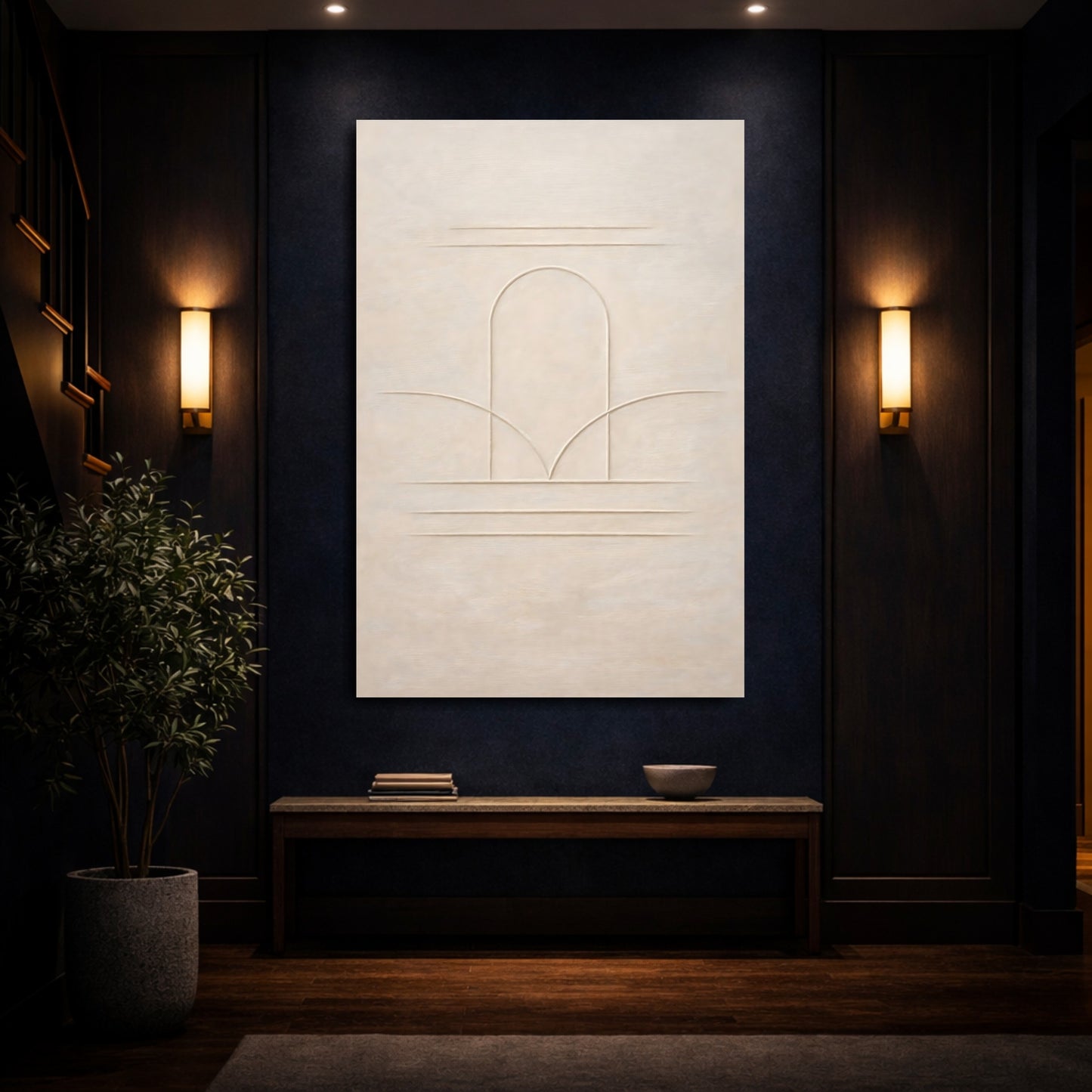 Mockup 3. Abstract Arch Lines Beige Arch shown as stretched canvas wall art