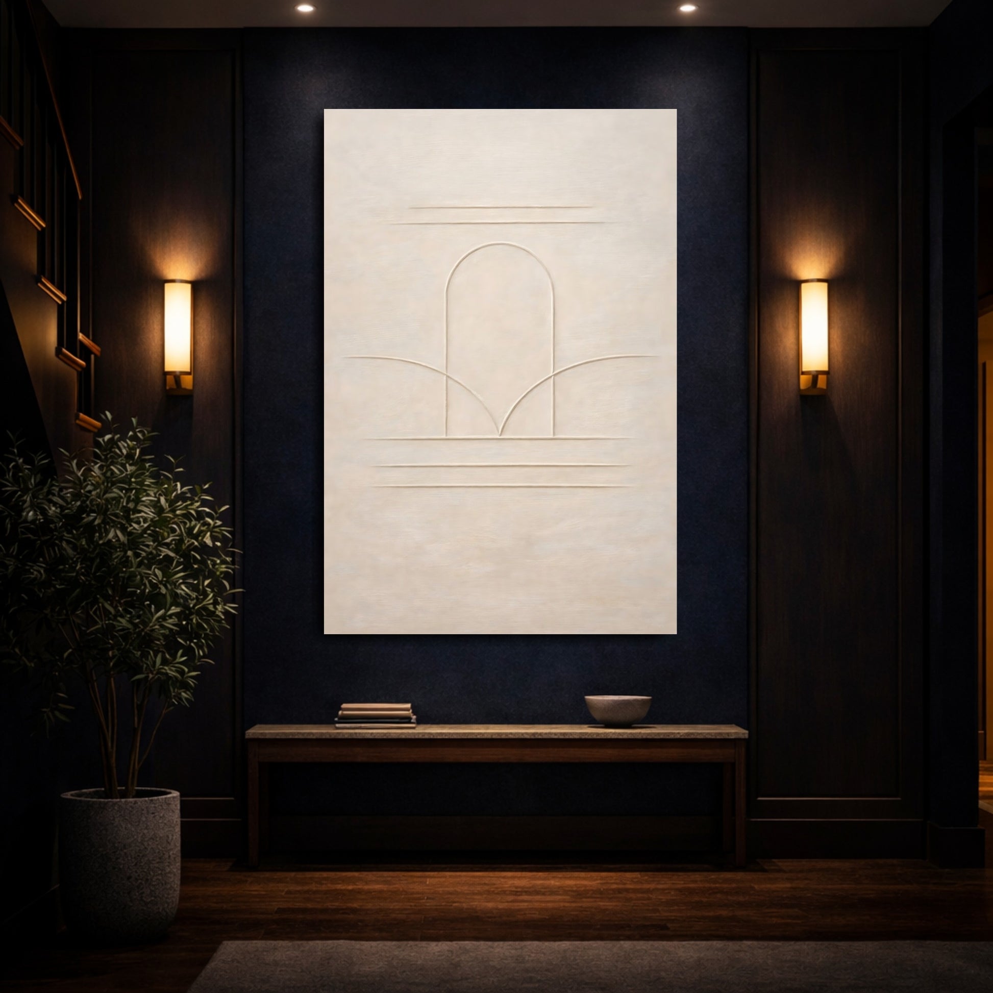 Mockup 3. Abstract Arch Lines Beige Arch shown as stretched canvas wall art
