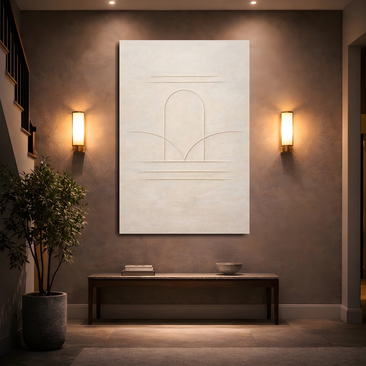 Mockup 4. Abstract Arch Lines Beige Arch shown as stretched canvas wall art