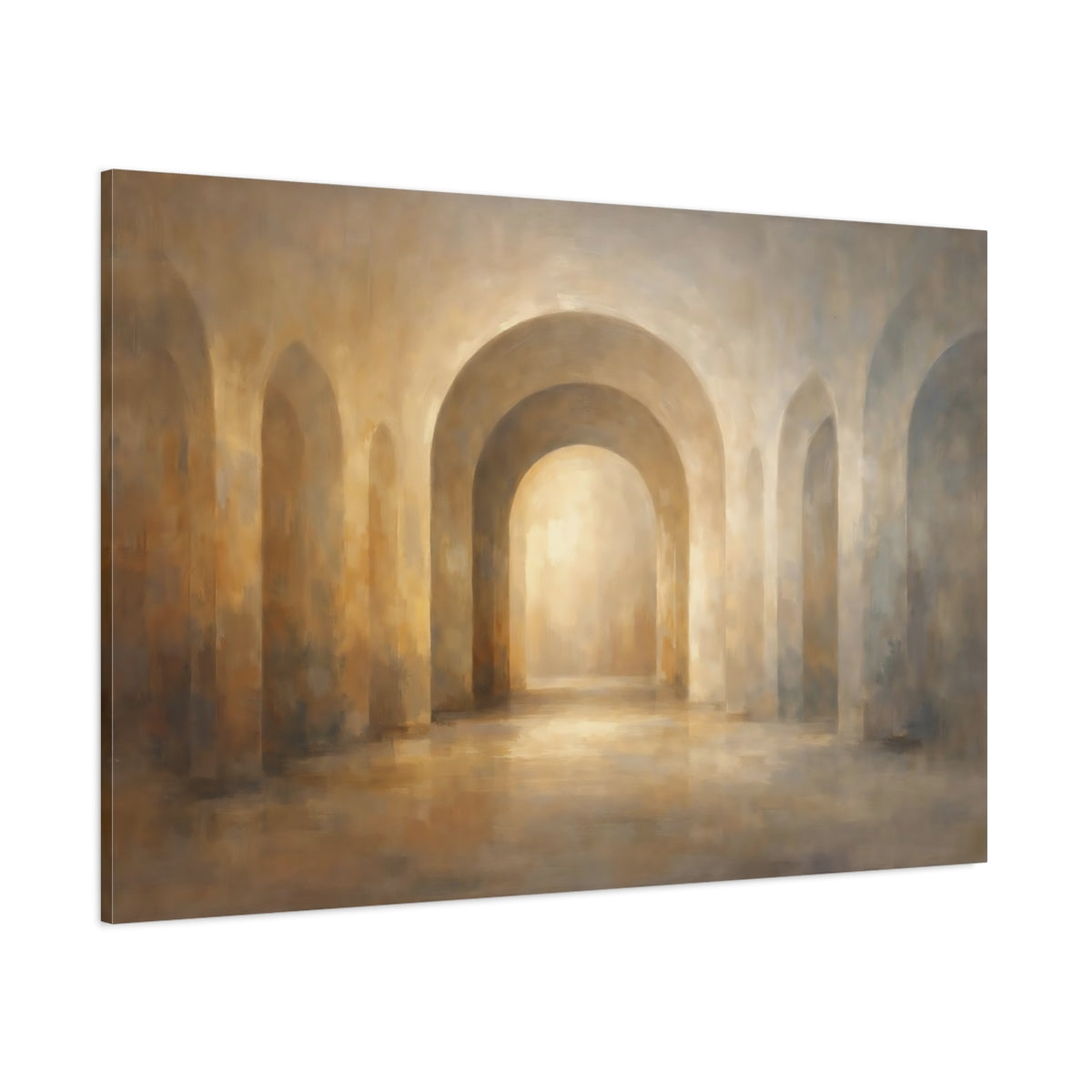 Main Mockup. Abstract Arched Hallway Warm Arches shown as stretched canvas wall art