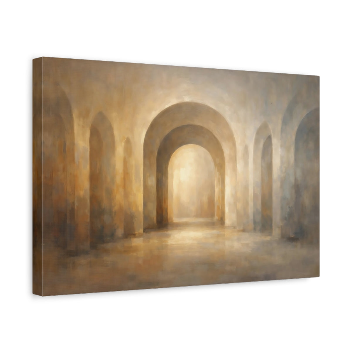 Side Mockup 4. Abstract Arched Hallway Warm Arches shown as stretched canvas wall art