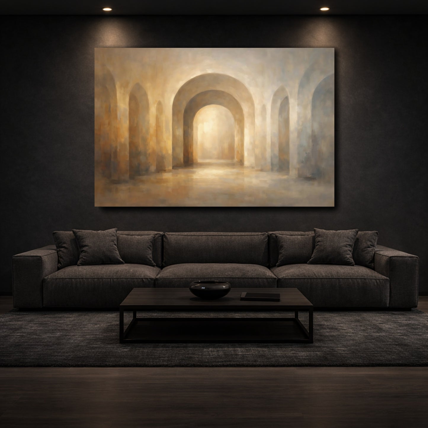 Mockup 2. Abstract Arched Hallway Warm Arches shown as stretched canvas wall art