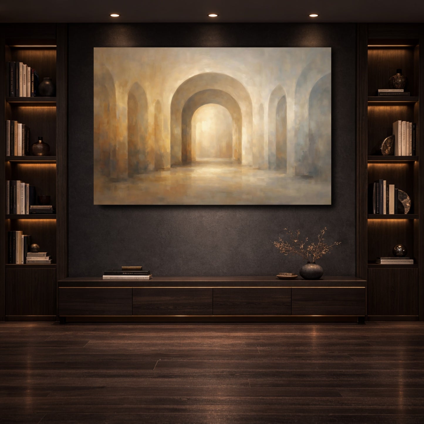Mockup 3. Abstract Arched Hallway Warm Arches shown as stretched canvas wall art