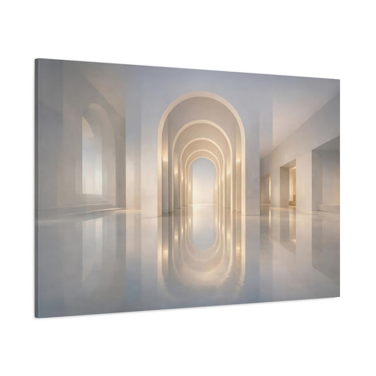 Main Mockup. Abstract Arched Hallway White Arches shown as stretched canvas wall art