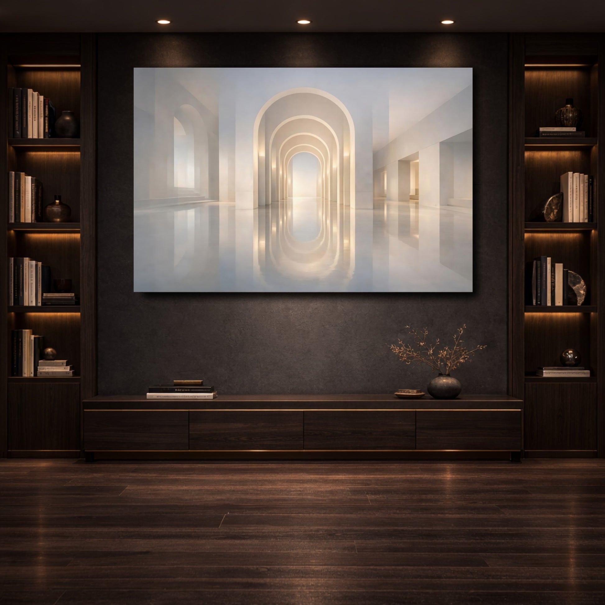 Mockup 3. Abstract Arched Hallway White Arches shown as stretched canvas wall art