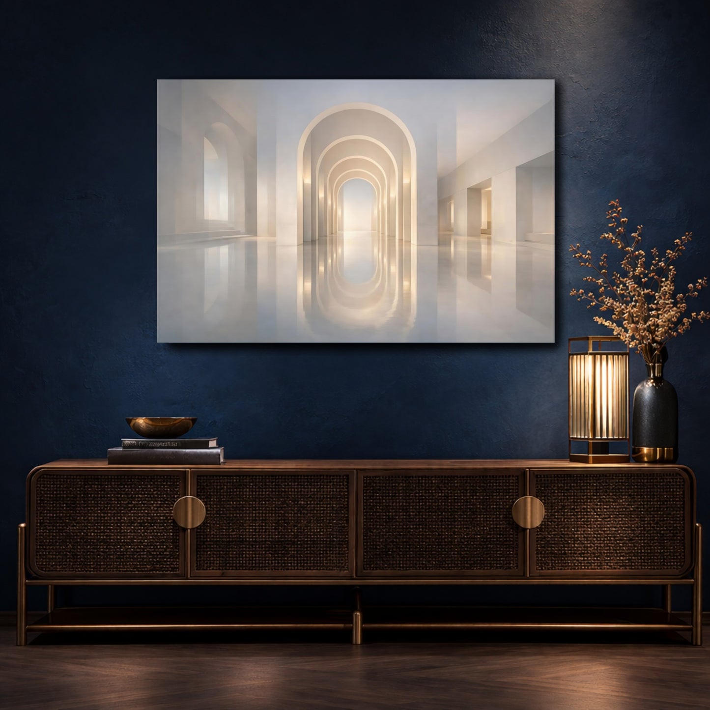 Mockup 4. Abstract Arched Hallway White Arches shown as stretched canvas wall art