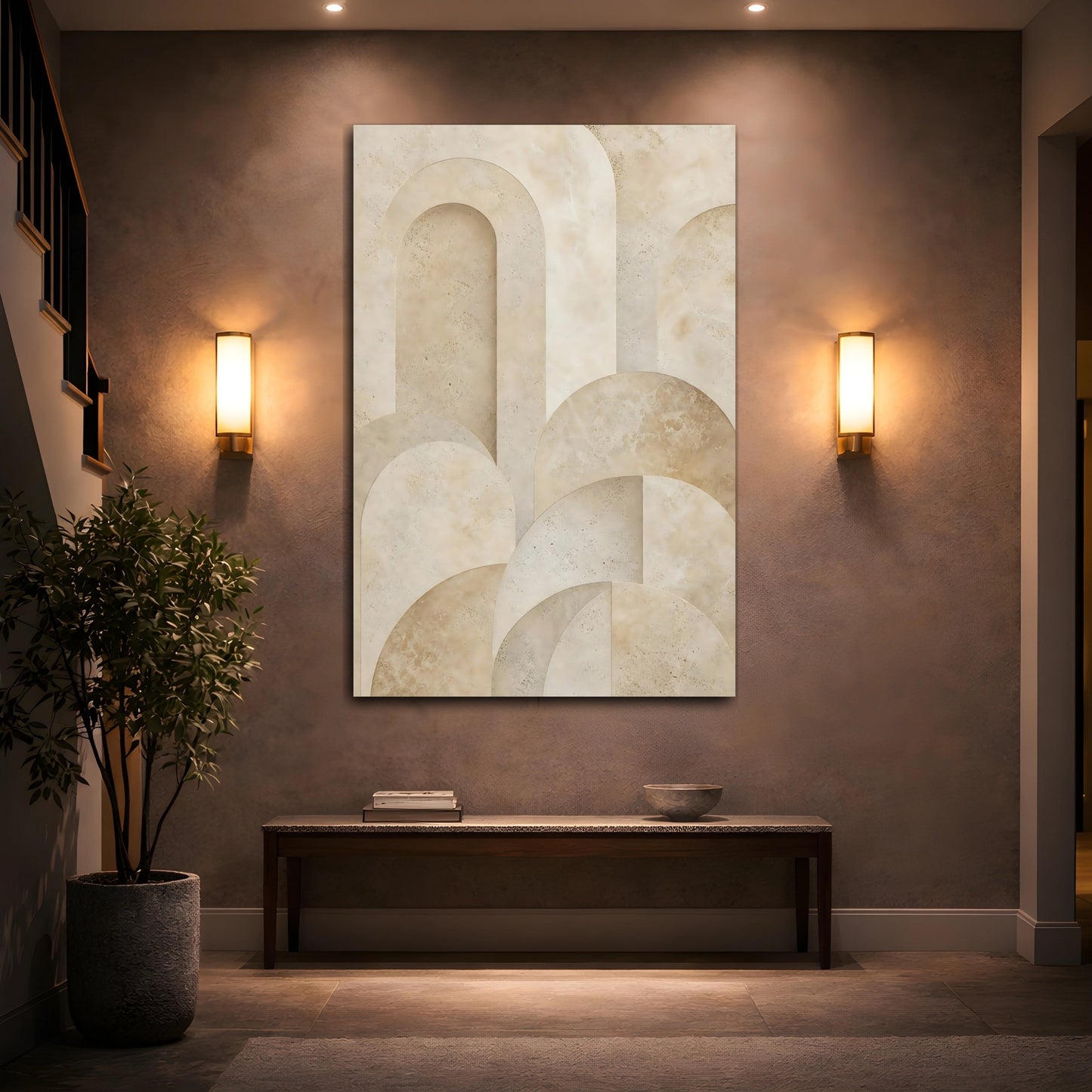 Mockup 2. Abstract Arches Beige Abstract shown as stretched canvas wall art