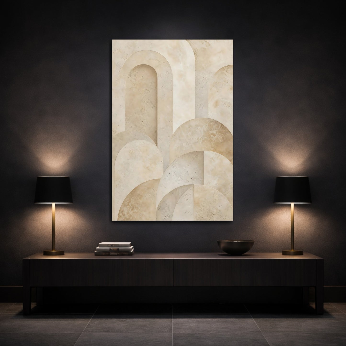 Mockup 3. Abstract Arches Beige Abstract shown as stretched canvas wall art