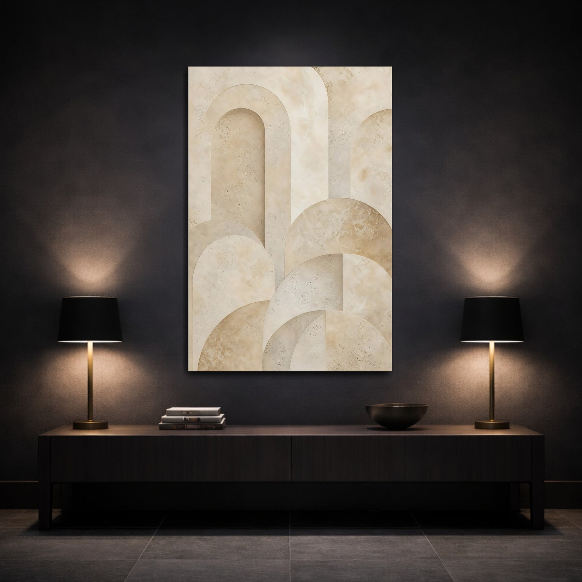 Mockup 3. Abstract Arches Beige Abstract shown as stretched canvas wall art