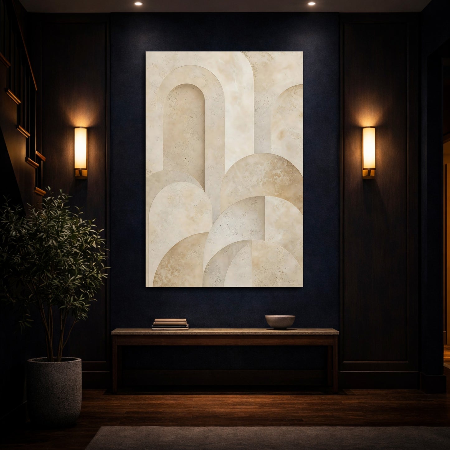 Mockup 4. Abstract Arches Beige Abstract shown as stretched canvas wall art