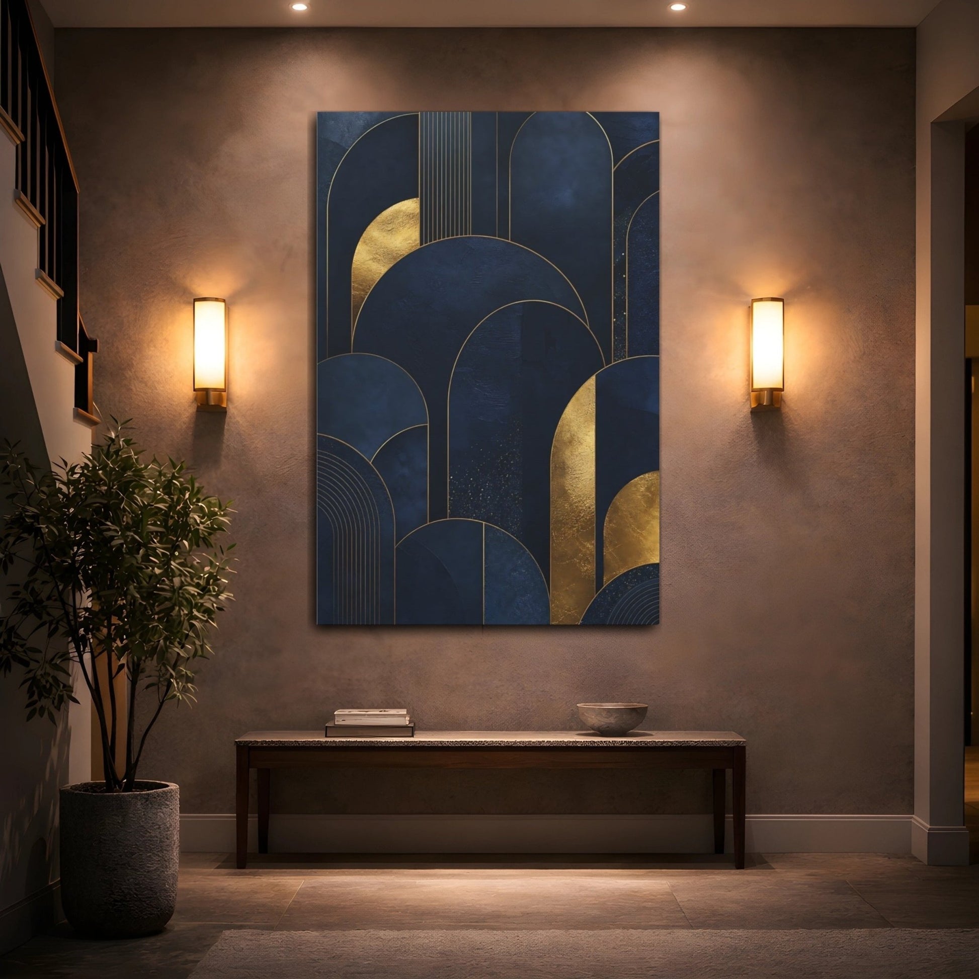 Abstract Arches Navy And Gold Canvas Wall Art Print – Living Room Decor, Above Couch - YesArtYes
