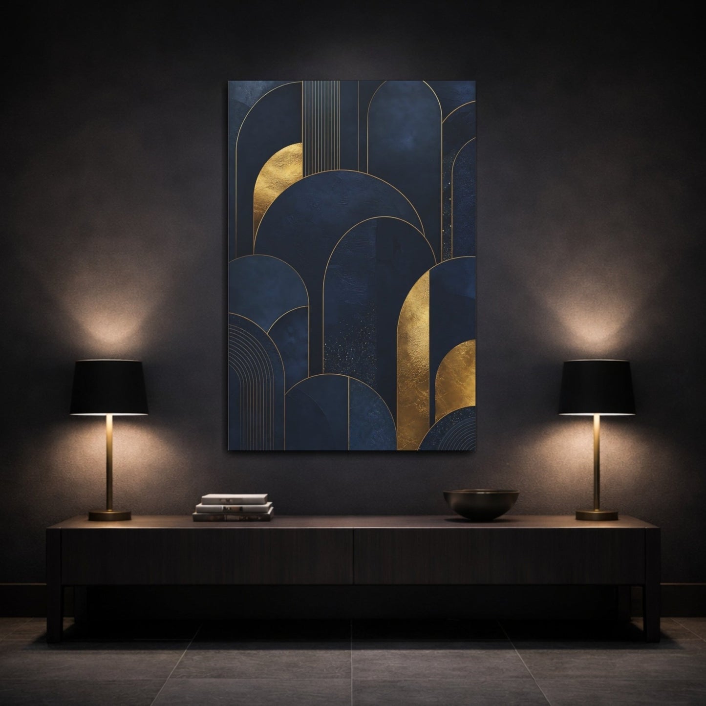Abstract Arches Navy And Gold Canvas Wall Art Print – Living Room Decor, Above Couch - YesArtYes