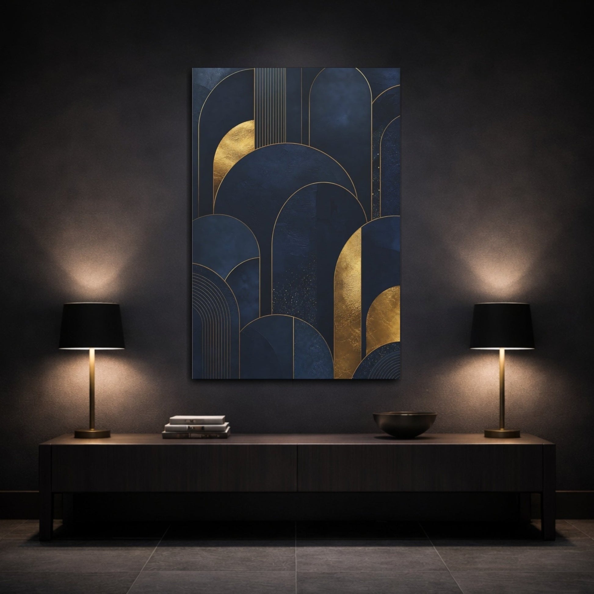 Abstract Arches Navy And Gold Canvas Wall Art Print – Living Room Decor, Above Couch - YesArtYes