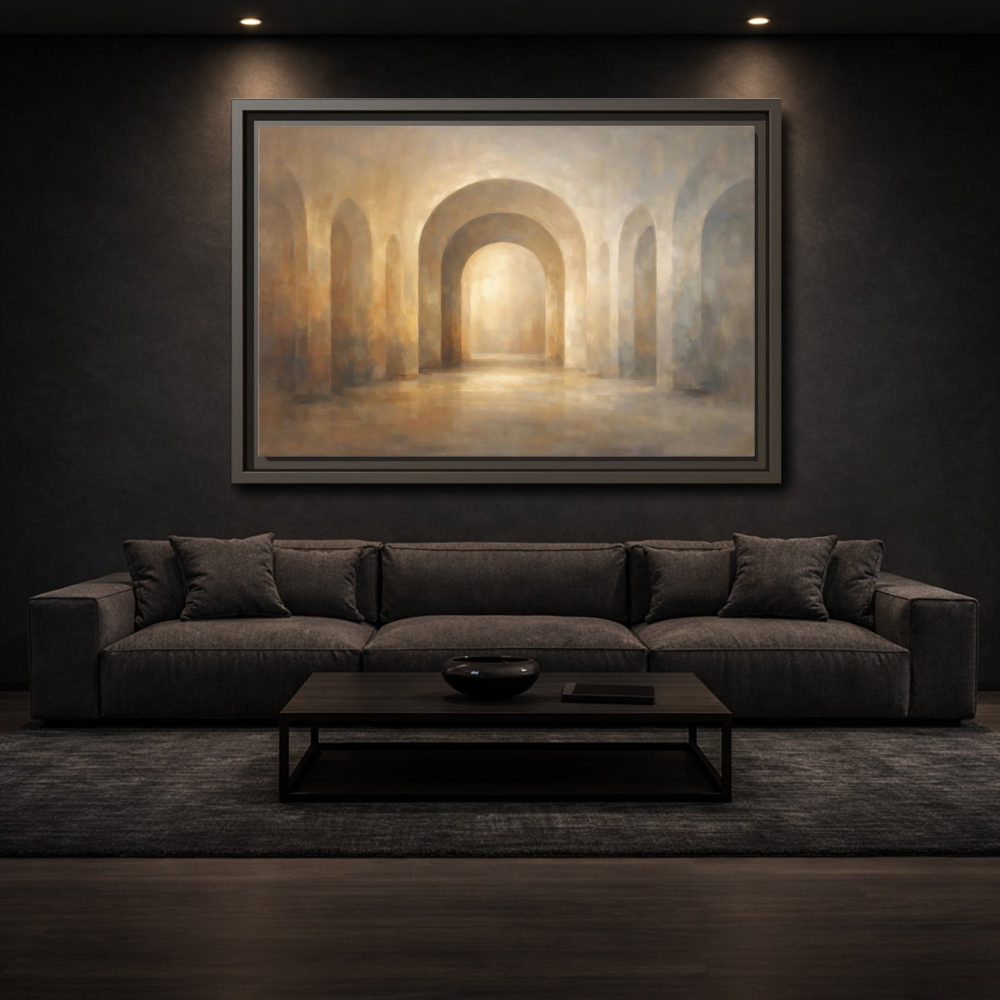 Mockup 2. Abstract Arches Warm Neutral Arches shown as stretched canvas wall art