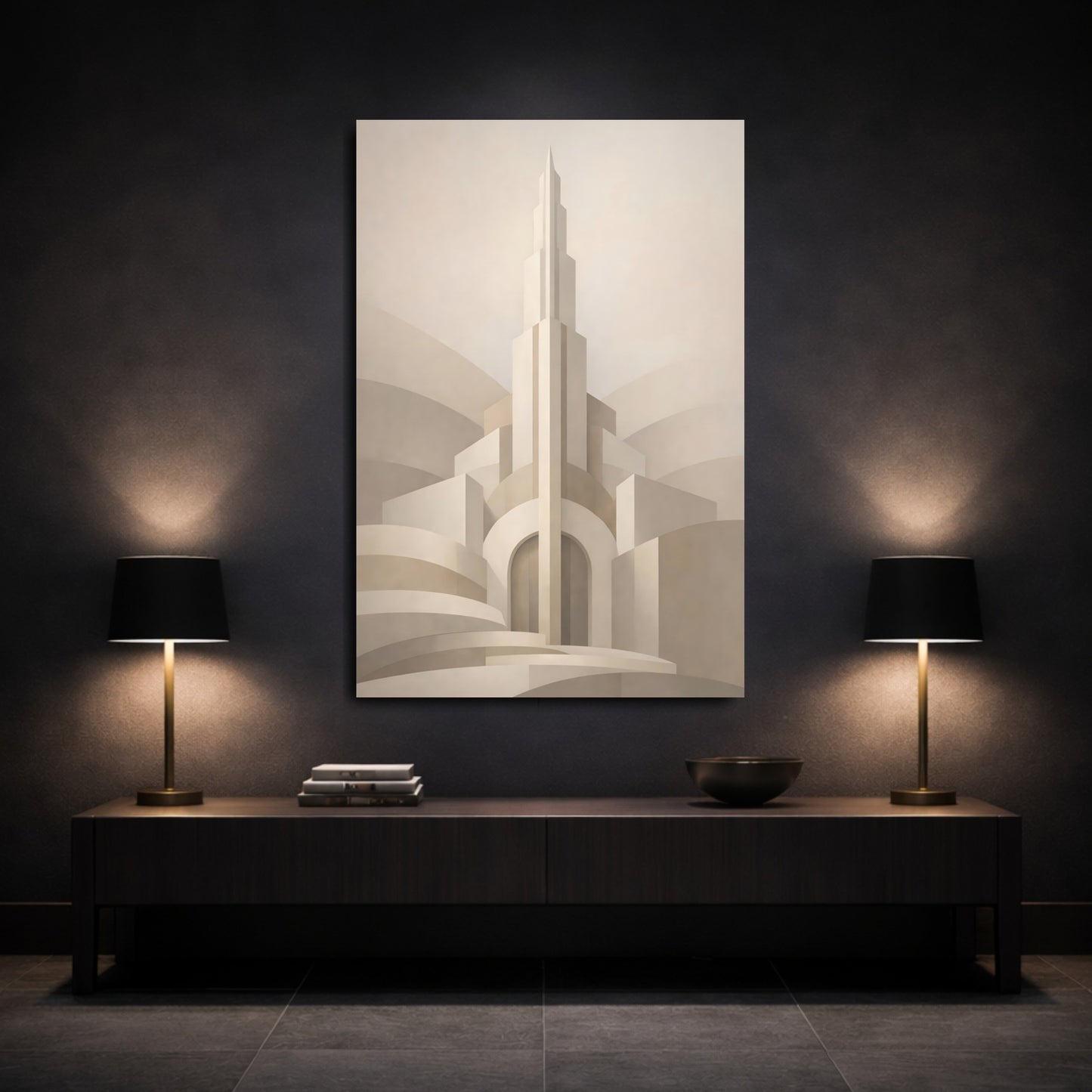Mockup 2. Abstract Architectural Abstract Beige Art Deco shown as stretched canvas wall art