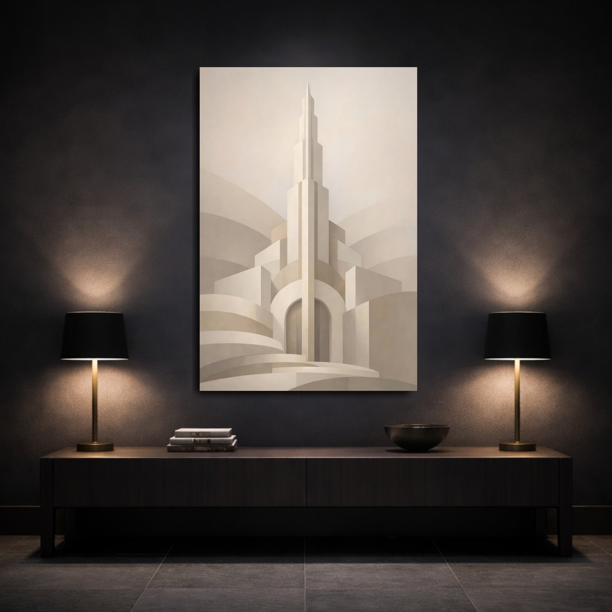 Mockup 2. Abstract Architectural Abstract Beige Art Deco shown as stretched canvas wall art