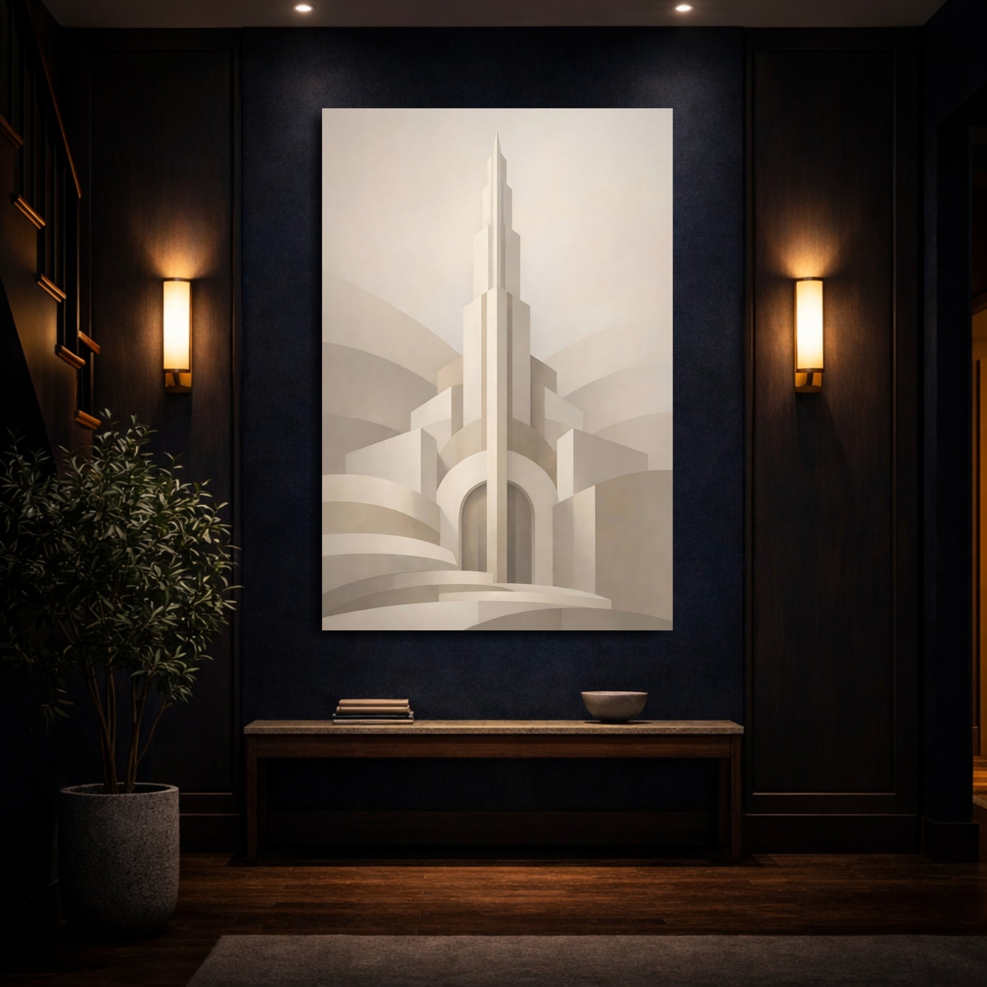 Mockup 3. Abstract Architectural Abstract Beige Art Deco shown as stretched canvas wall art
