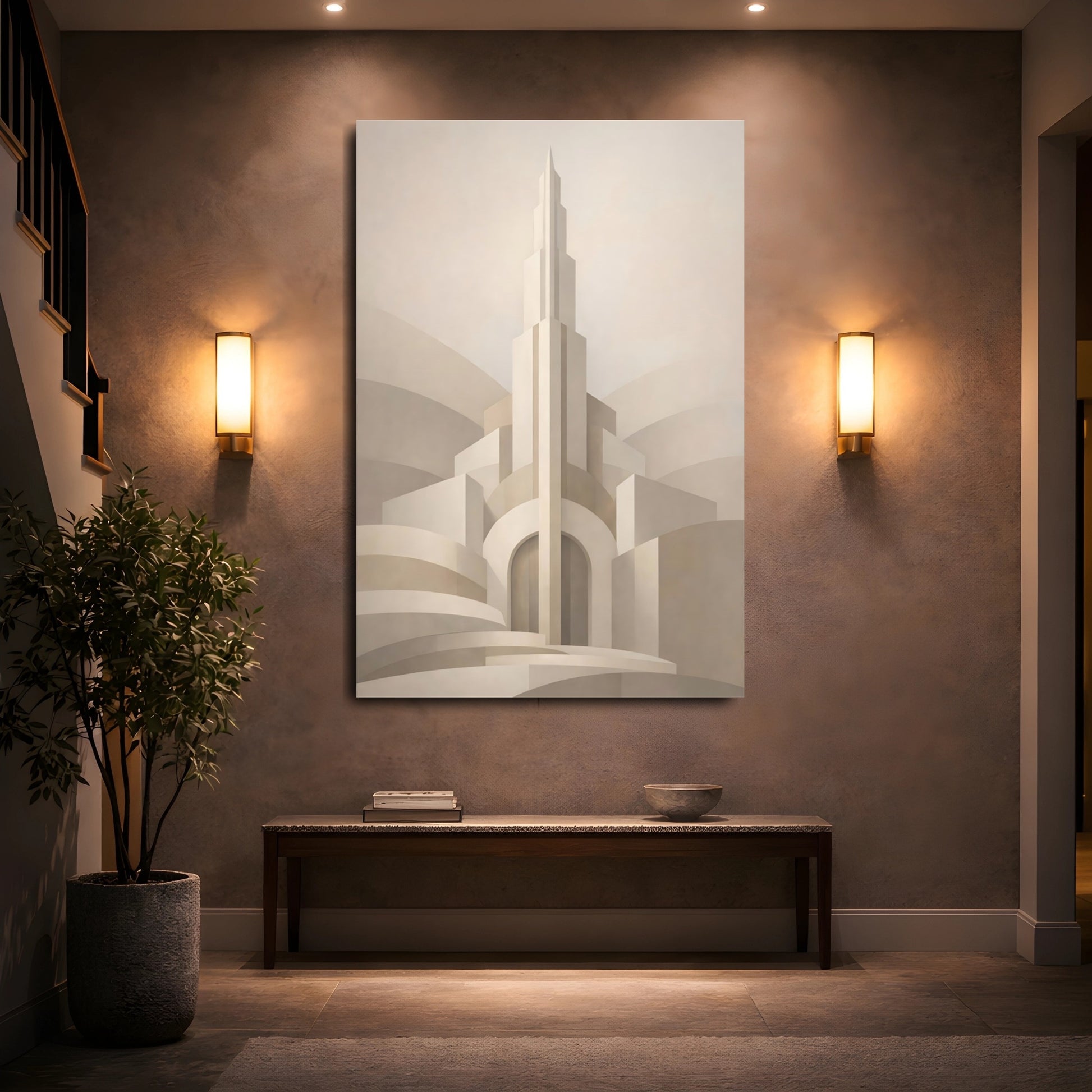 Mockup 4. Abstract Architectural Abstract Beige Art Deco shown as stretched canvas wall art