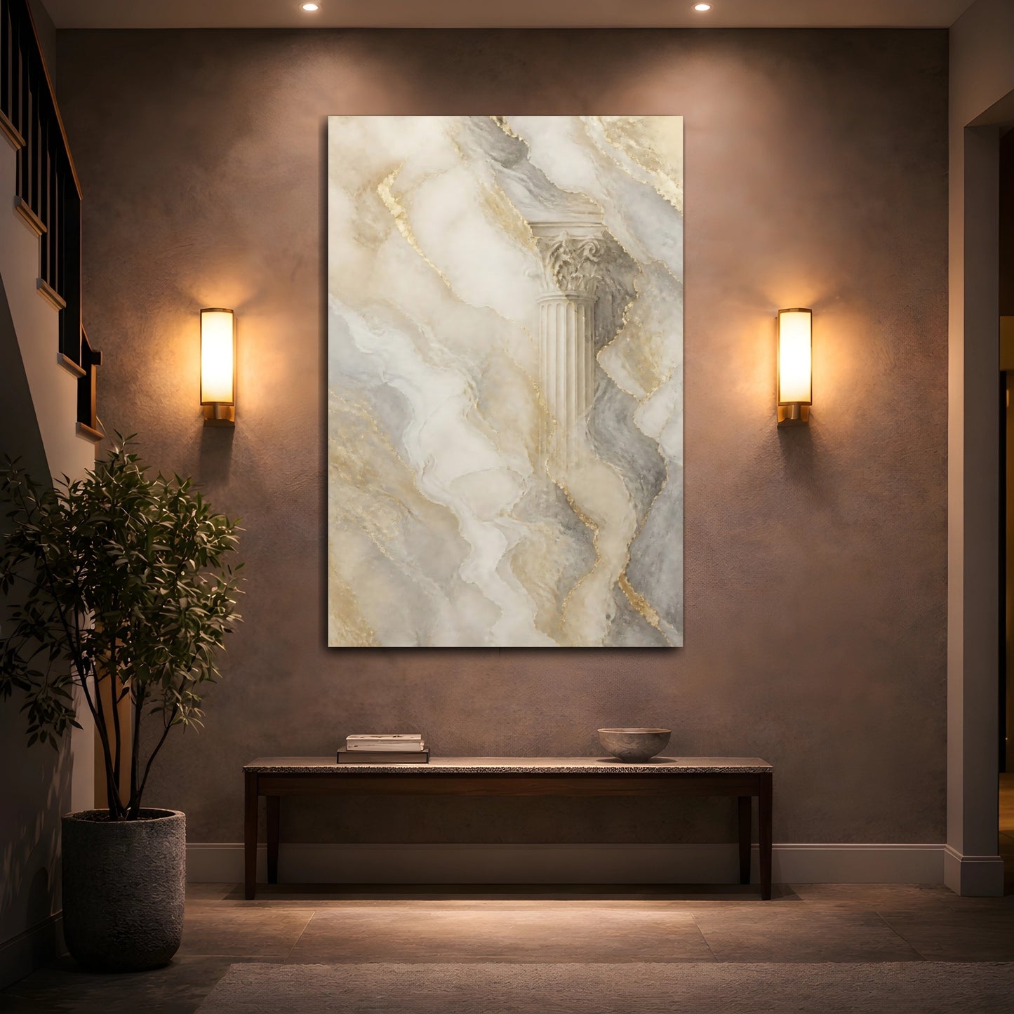 Mockup 2. Abstract Architectural Column Gold Marble Column shown as stretched canvas wall art