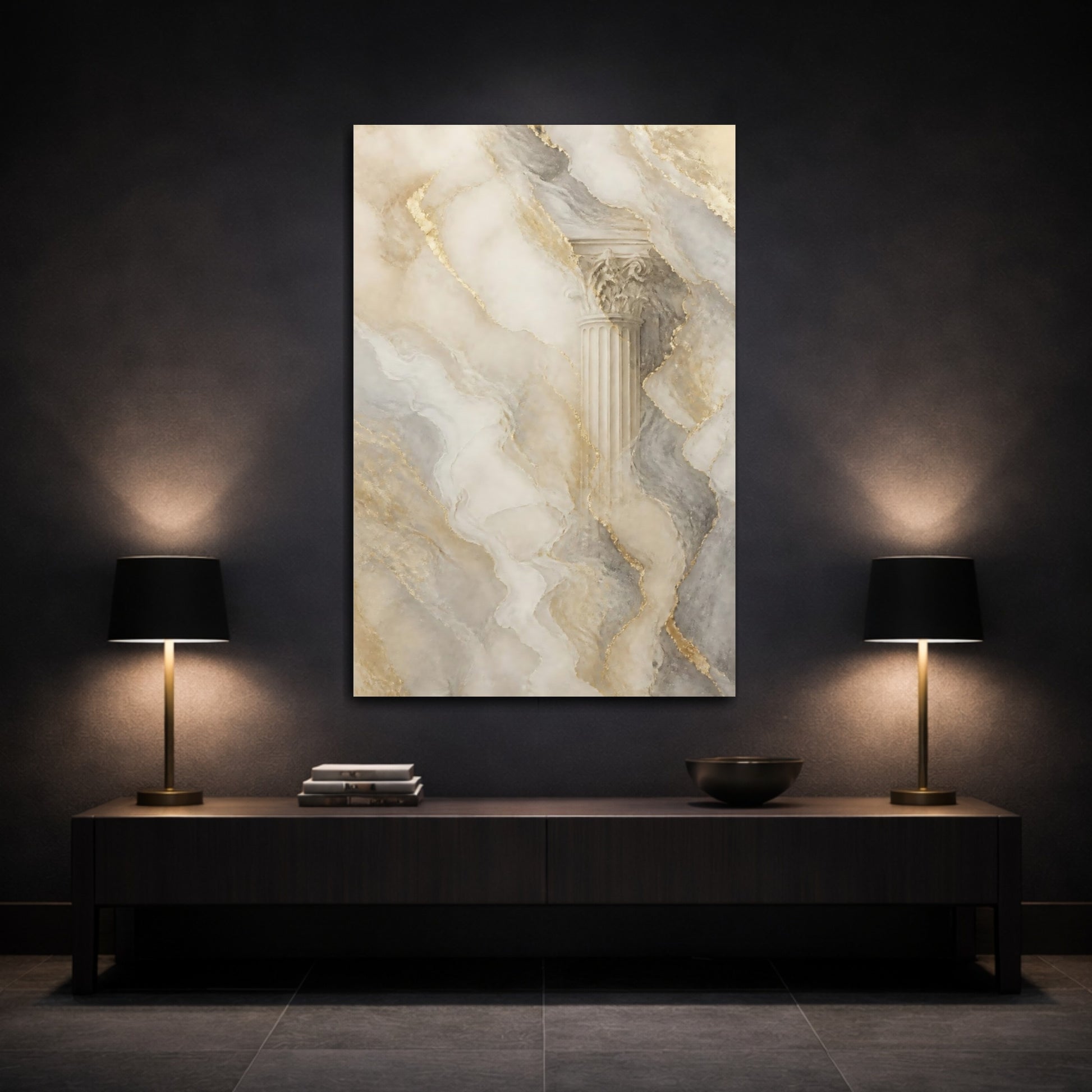 Mockup 3. Abstract Architectural Column Gold Marble Column shown as stretched canvas wall art