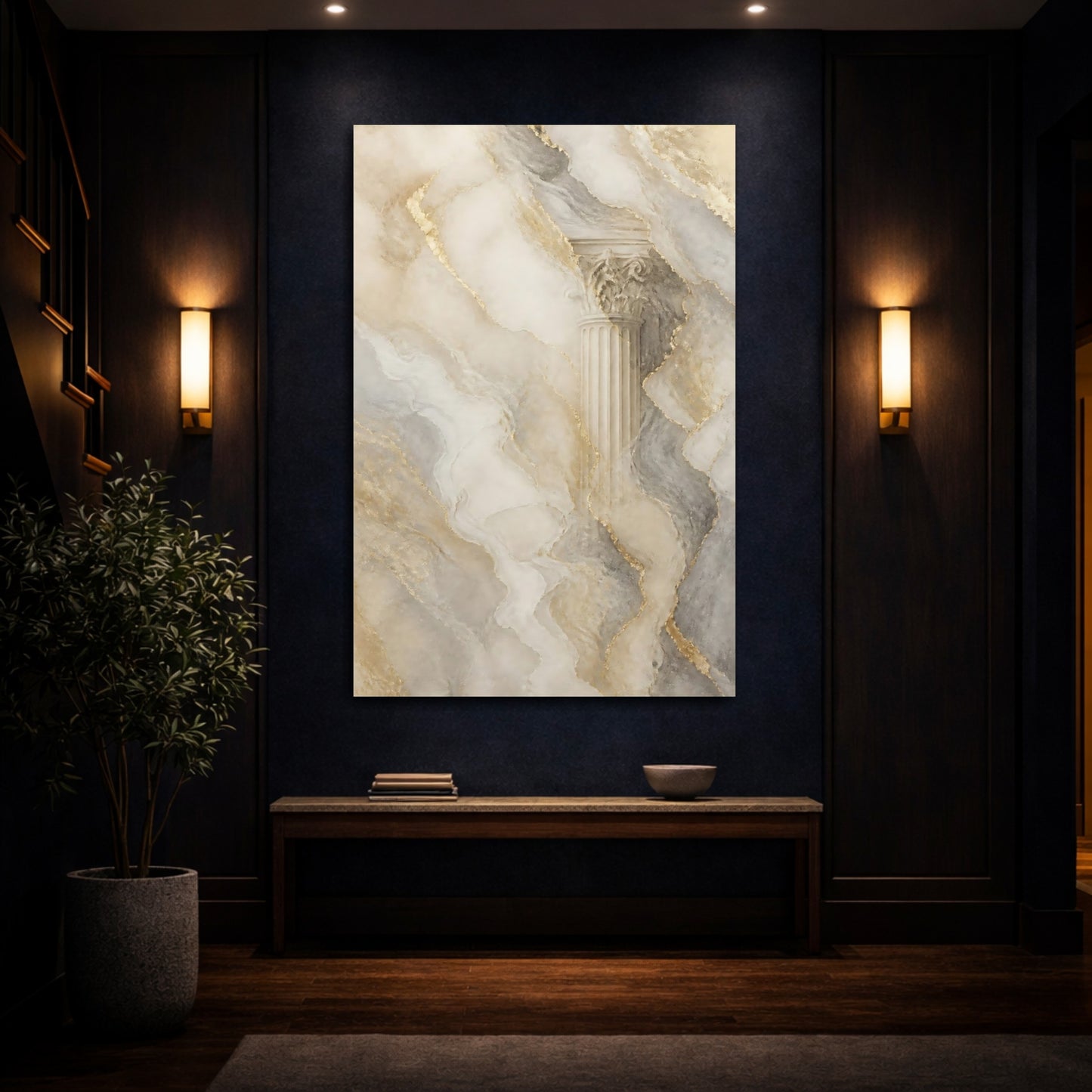 Mockup 4. Abstract Architectural Column Gold Marble Column shown as stretched canvas wall art