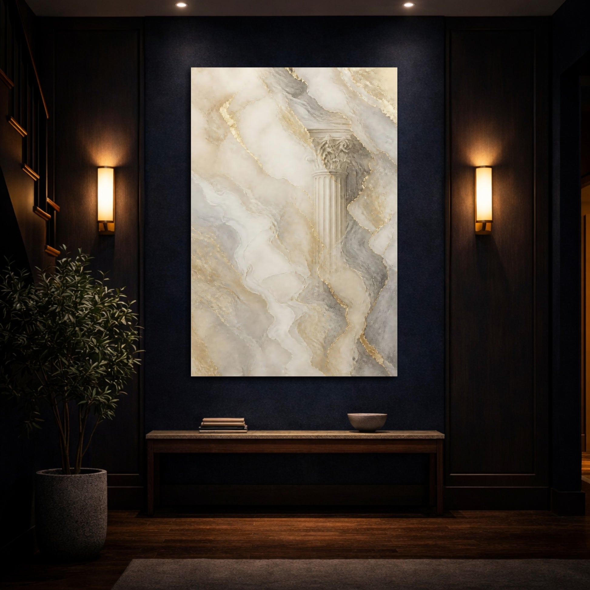 Mockup 4. Abstract Architectural Column Gold Marble Column shown as stretched canvas wall art