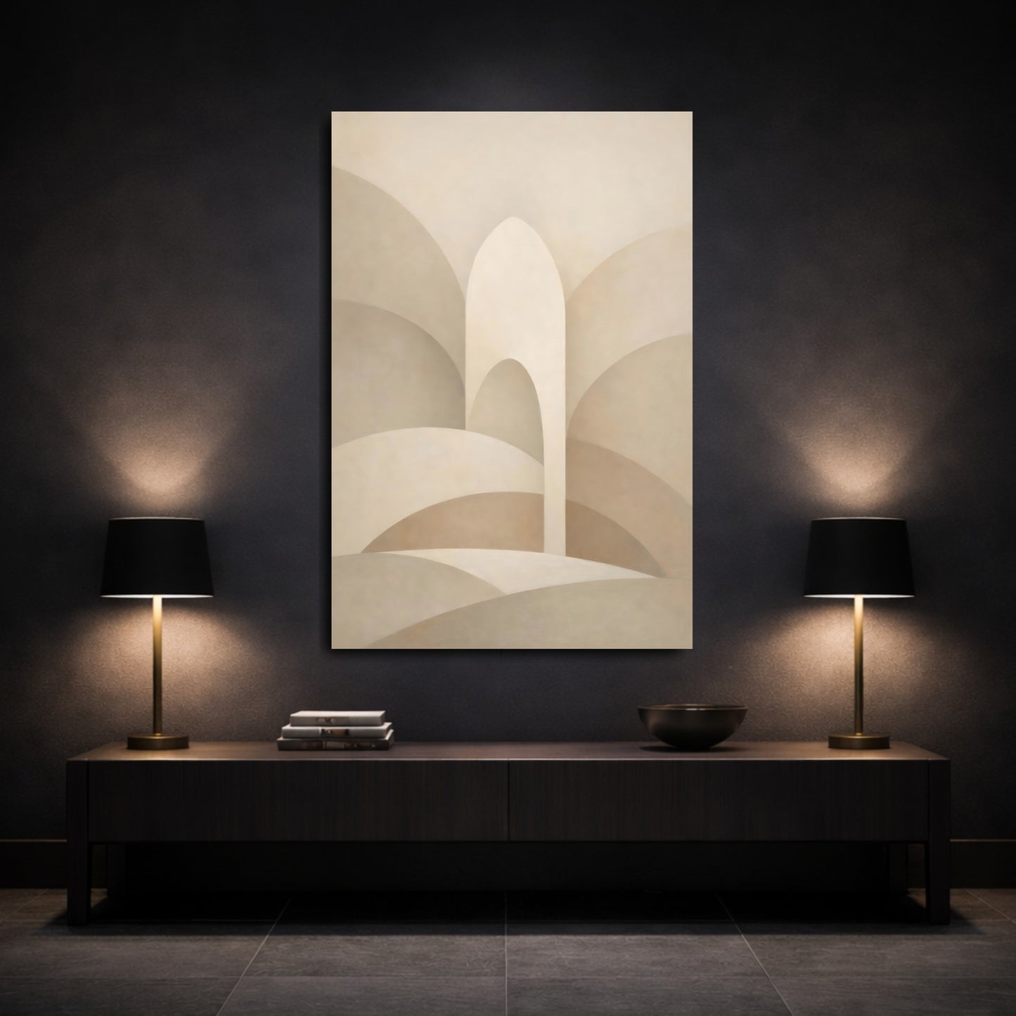 Mockup 2. Abstract Architectural Forms Beige Abstract Art shown as stretched canvas wall art