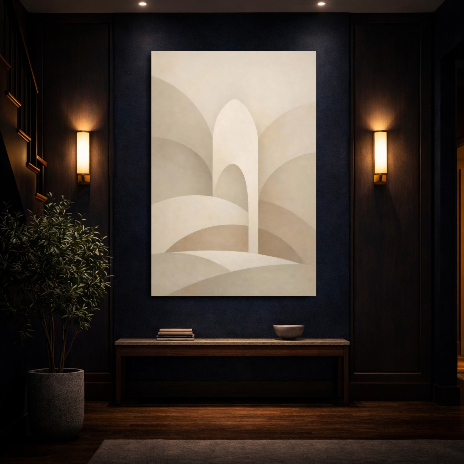 Mockup 3. Abstract Architectural Forms Beige Abstract Art shown as stretched canvas wall art