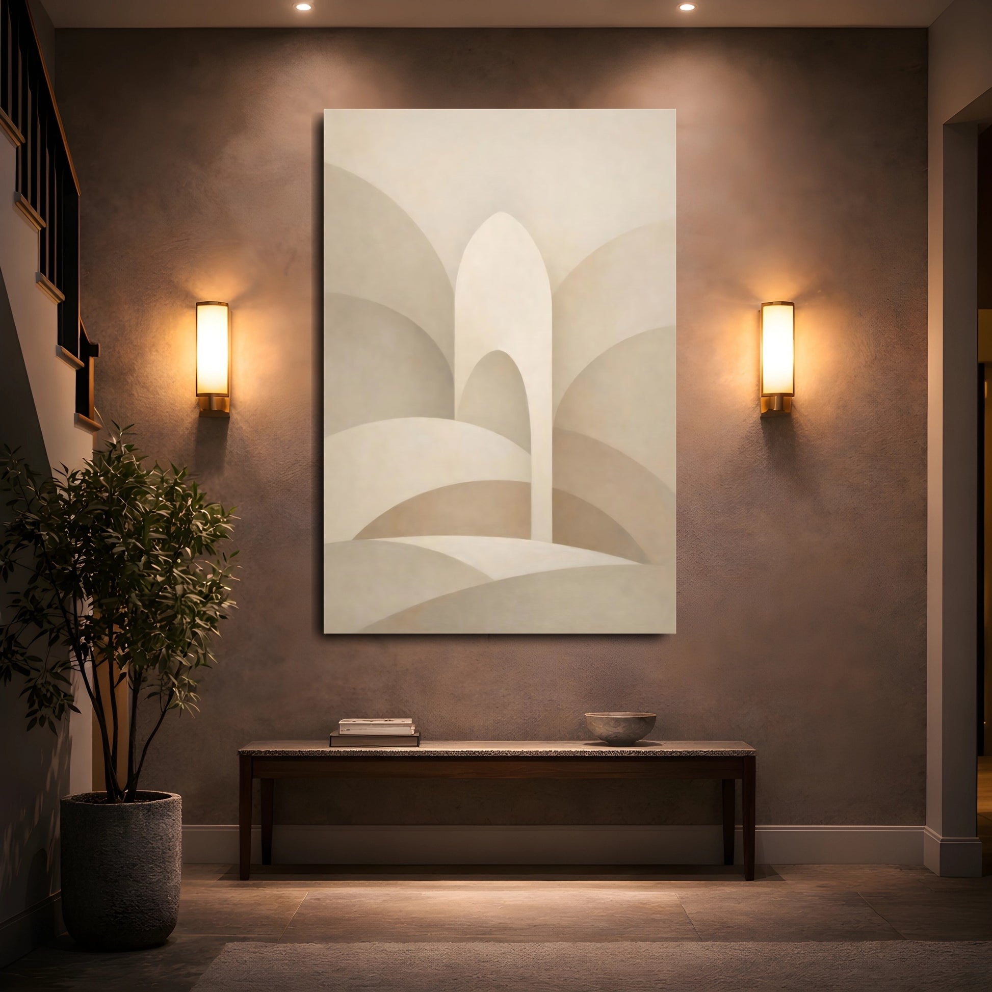 Mockup 4. Abstract Architectural Forms Beige Abstract Art shown as stretched canvas wall art