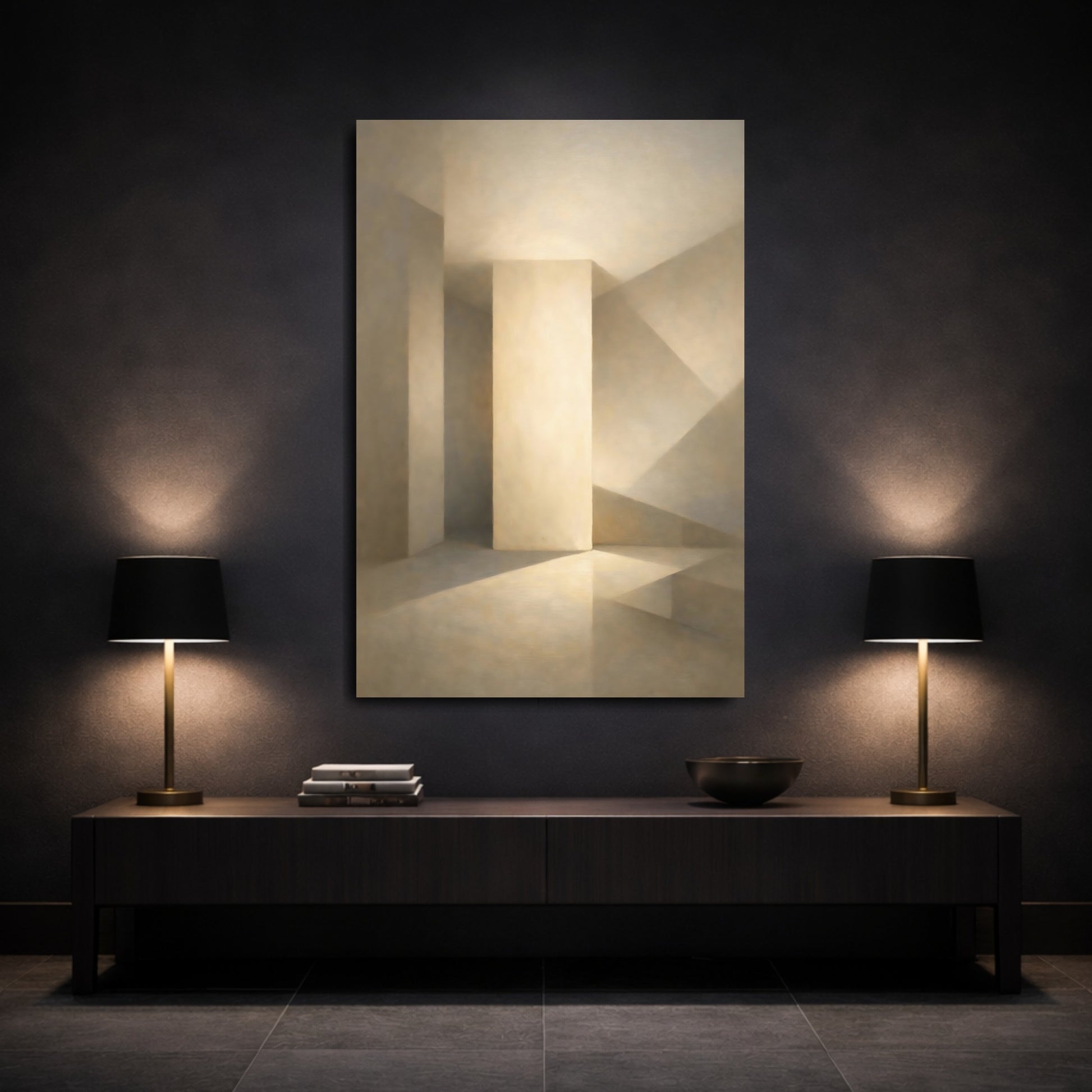 Mockup 2. Abstract Architectural Space Neutral Tones shown as stretched canvas wall art