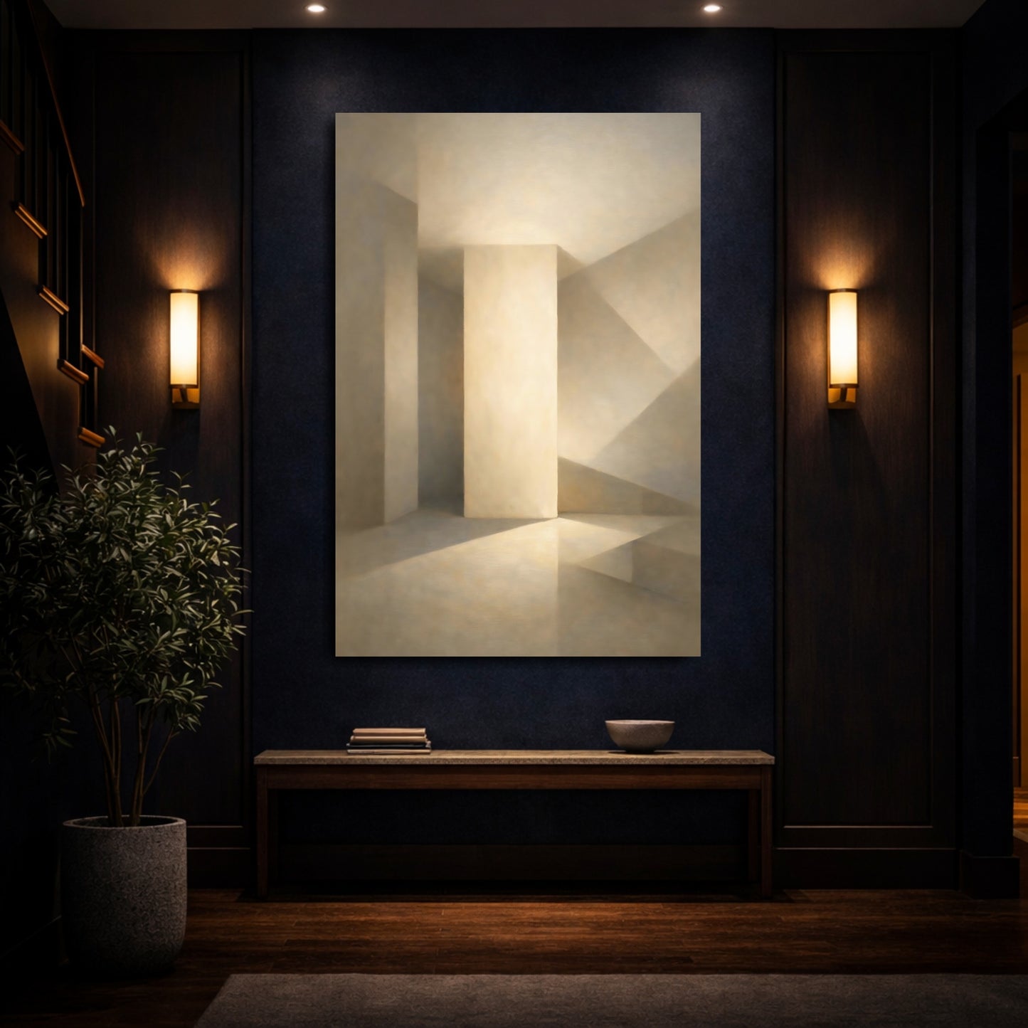Mockup 3. Abstract Architectural Space Neutral Tones shown as stretched canvas wall art