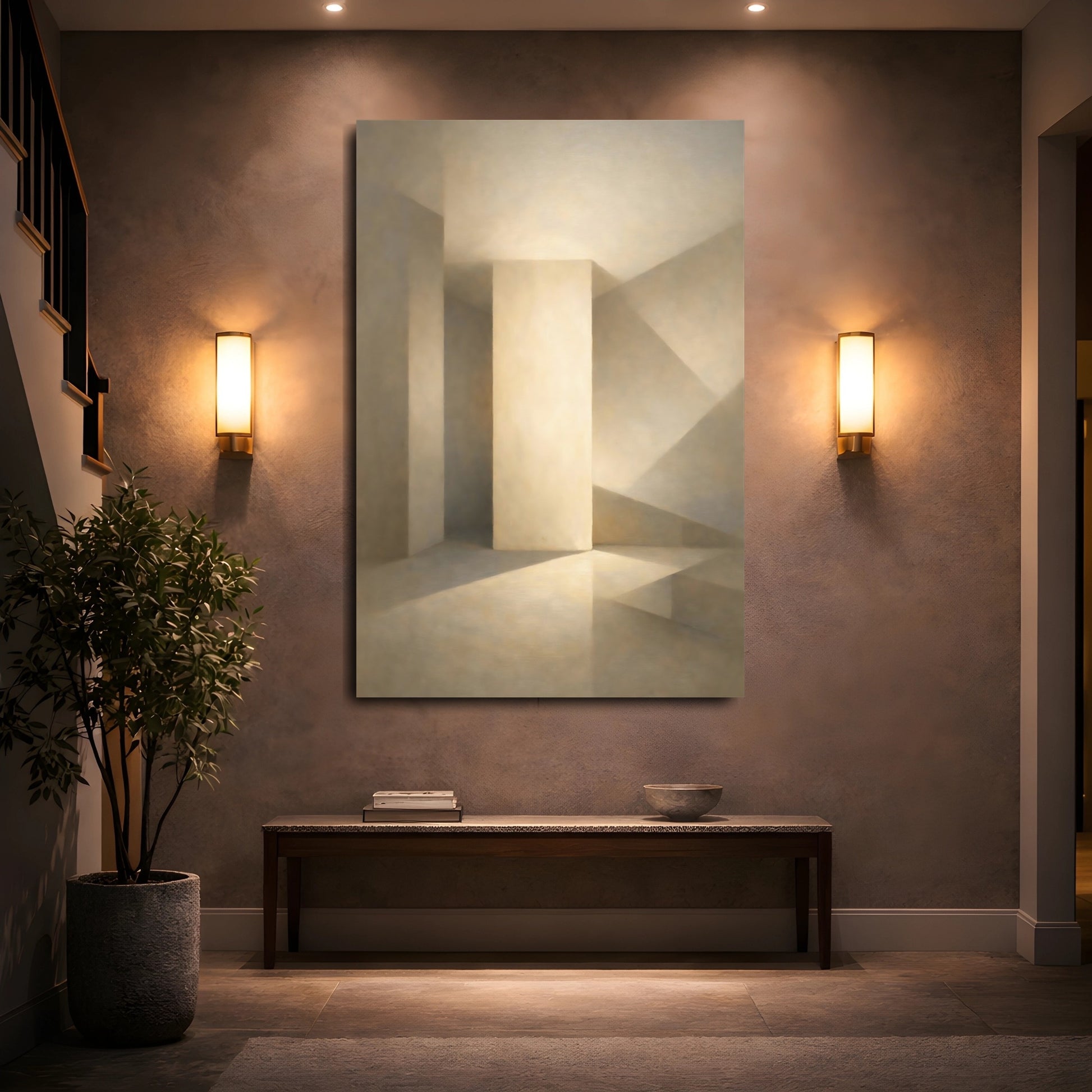 Mockup 4. Abstract Architectural Space Neutral Tones shown as stretched canvas wall art