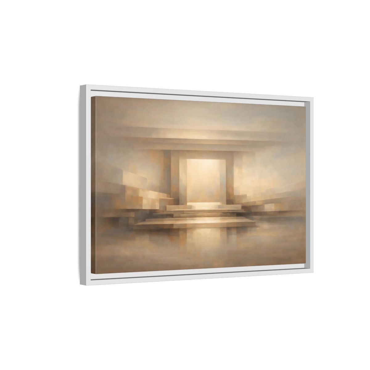 Side Mockup 1. Abstract Abstract Architecture Beige And Brown shown as stretched canvas wall art