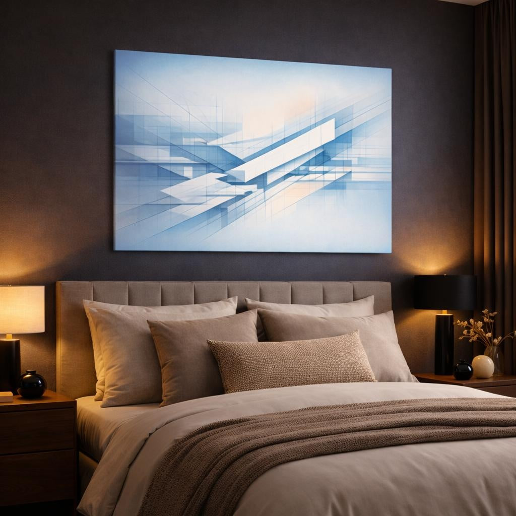 Abstract Architecture Blueprint shown as canvas wall art in a luxury bedroom