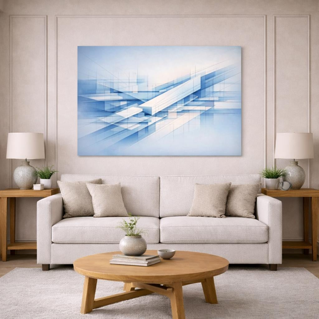 Abstract Architecture Blueprint shown as canvas wall art in a modern living room