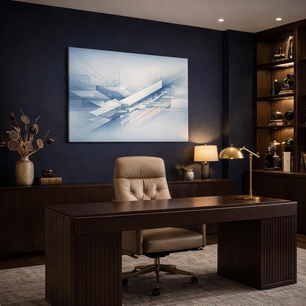 Abstract Architecture Blueprint shown as canvas wall art in a luxury executive office