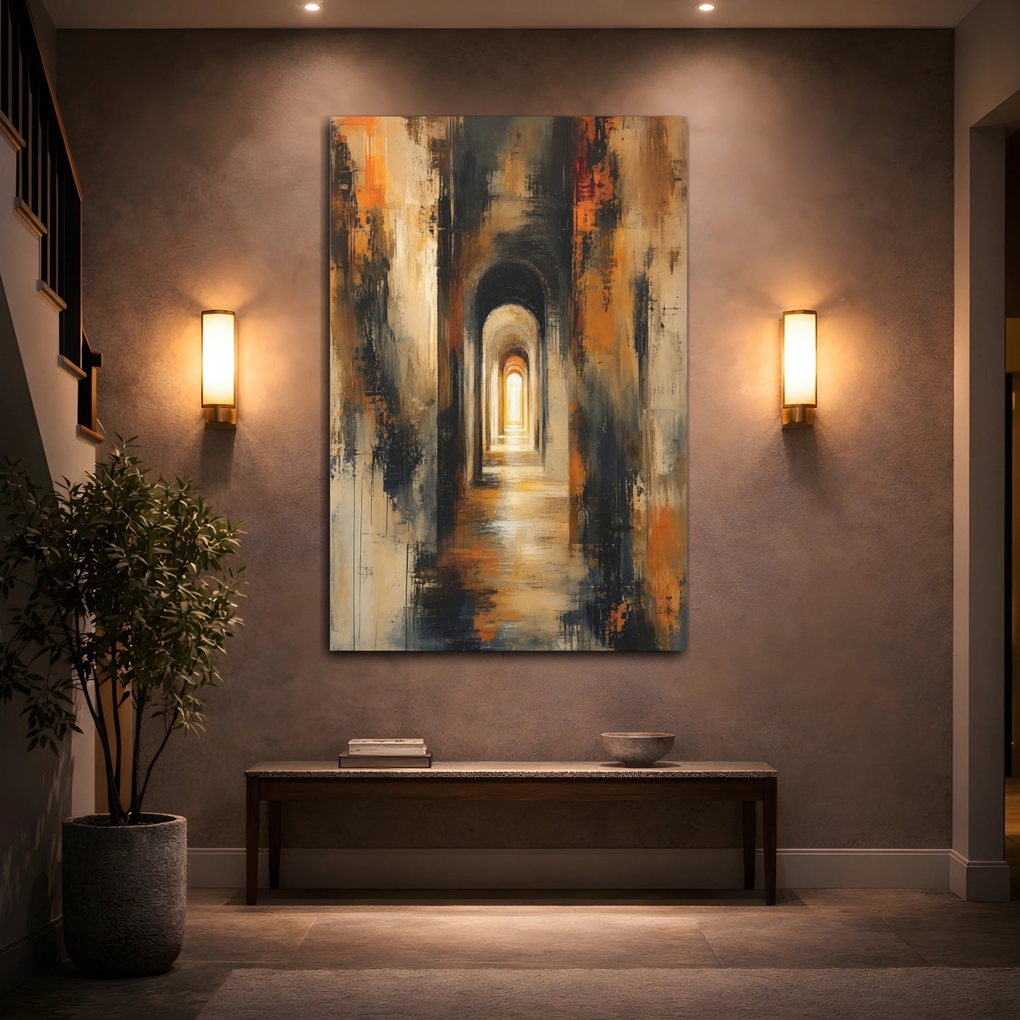 Mockup 2. Abstract Archway Abstract Archway Warm shown as stretched canvas wall art