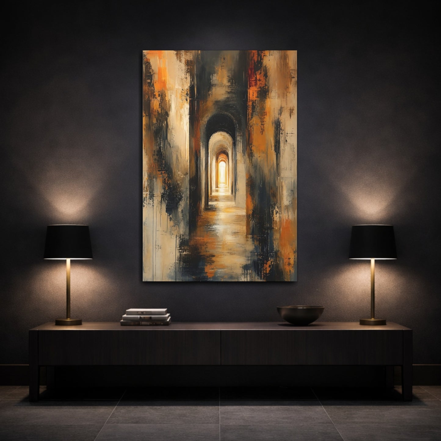 Mockup 3. Abstract Archway Abstract Archway Warm shown as stretched canvas wall art