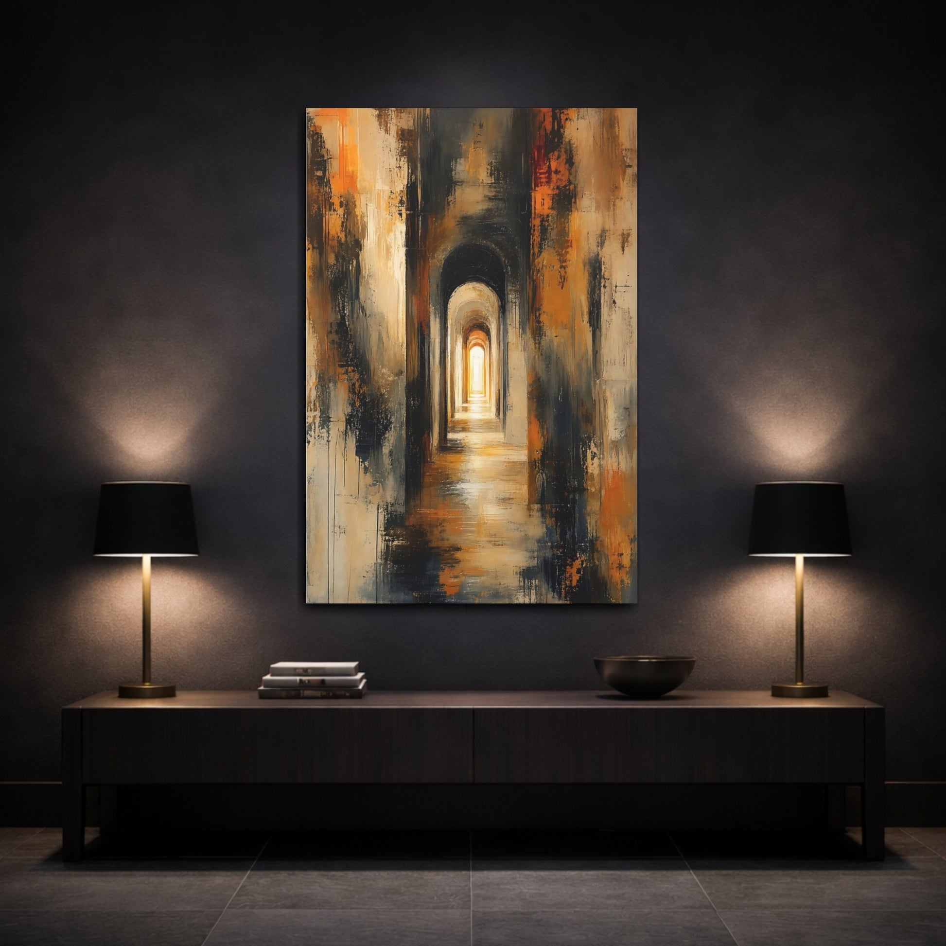 Mockup 3. Abstract Archway Abstract Archway Warm shown as stretched canvas wall art