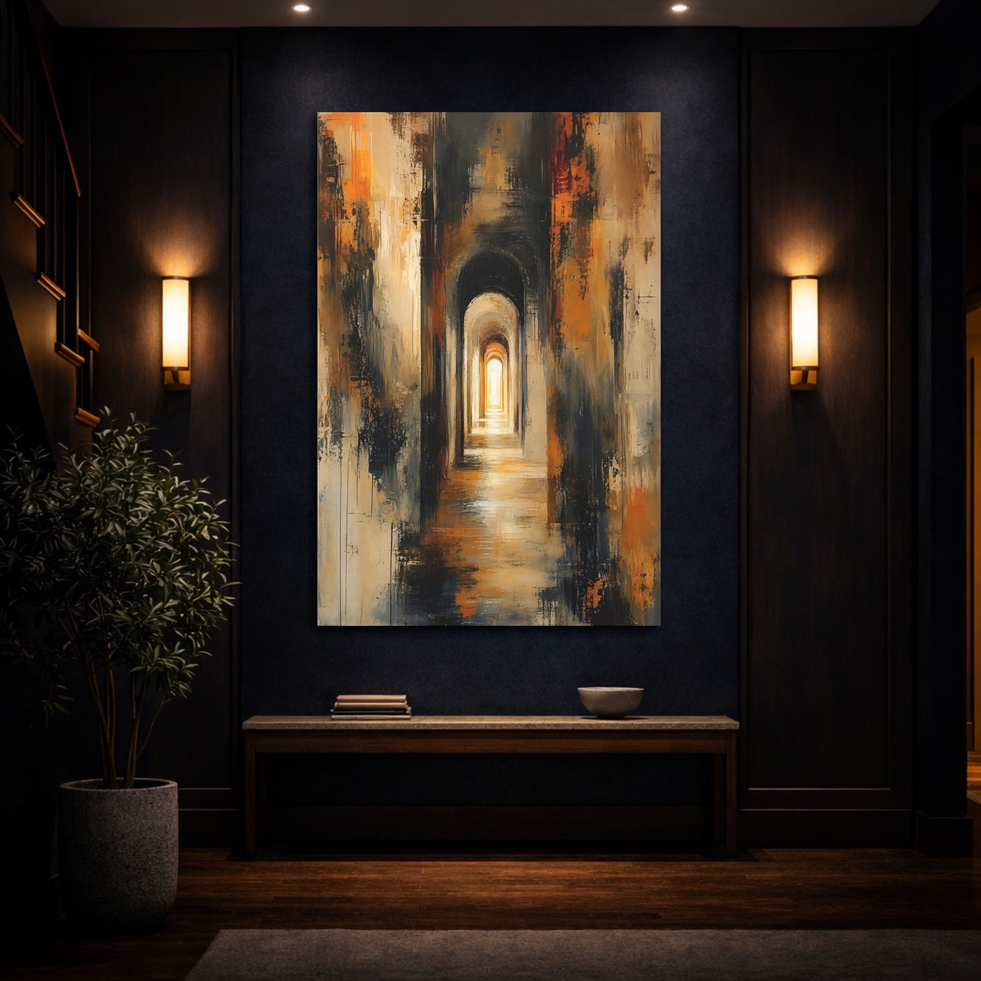 Mockup 4. Abstract Archway Abstract Archway Warm shown as stretched canvas wall art