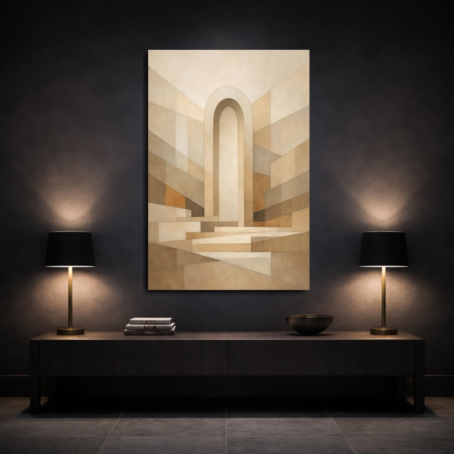 Mockup 2. Abstract Archway Beige And Brown shown as stretched canvas wall art